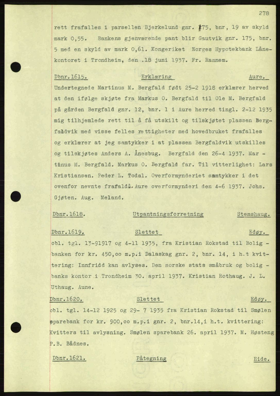 Nordmøre sorenskriveri, AV/SAT-A-4132/1/2/2Ca: Mortgage book no. C80, 1936-1939, Diary no: : 1615/1937