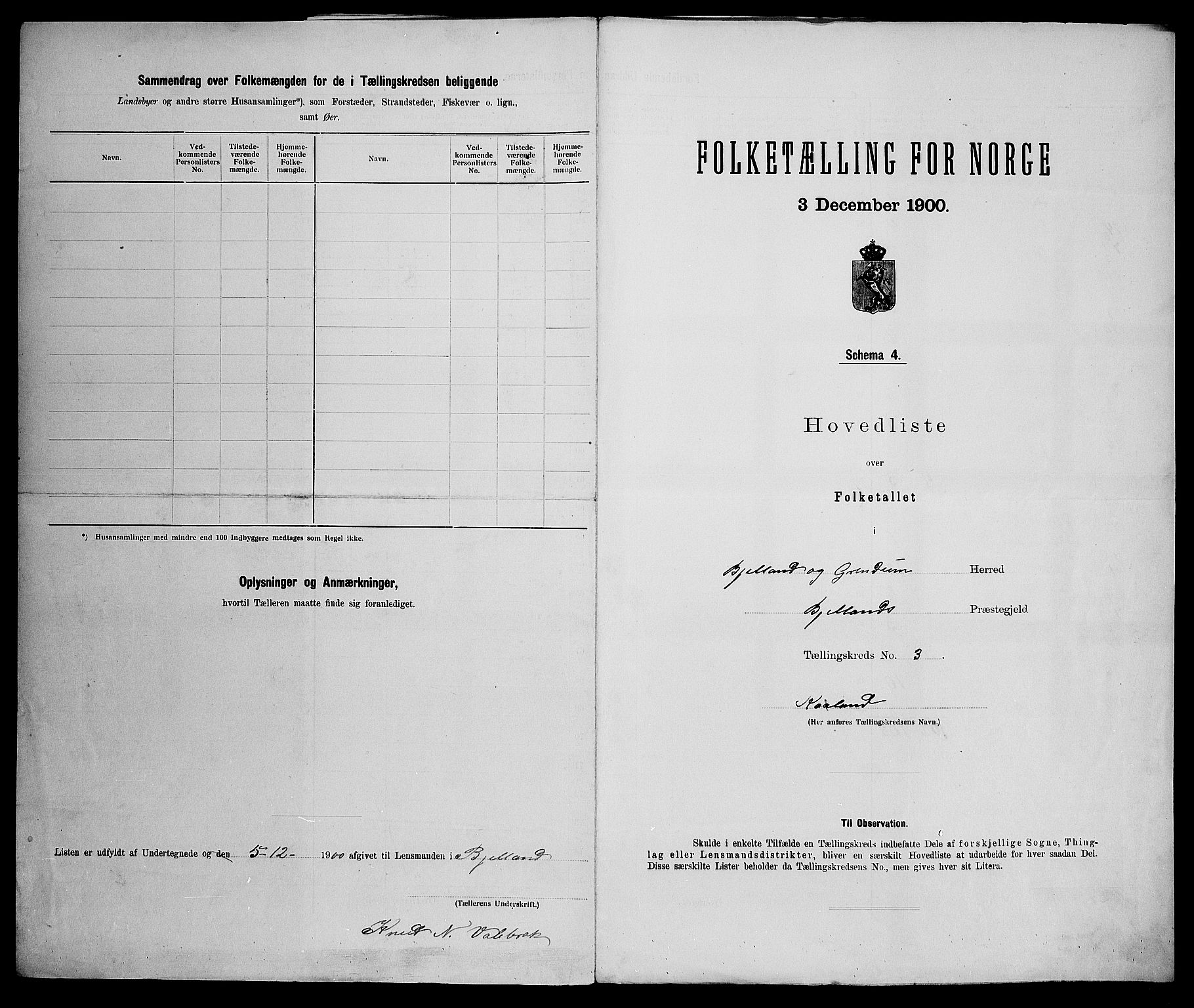 SAK, 1900 census for Bjelland og Grindheim, 1900, p. 9