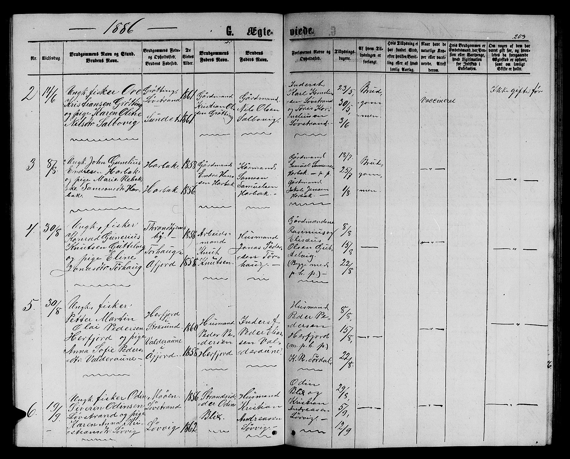 Ministerialprotokoller, klokkerbøker og fødselsregistre - Sør-Trøndelag, SAT/A-1456/656/L0695: Parish register (copy) no. 656C01, 1867-1889, p. 203