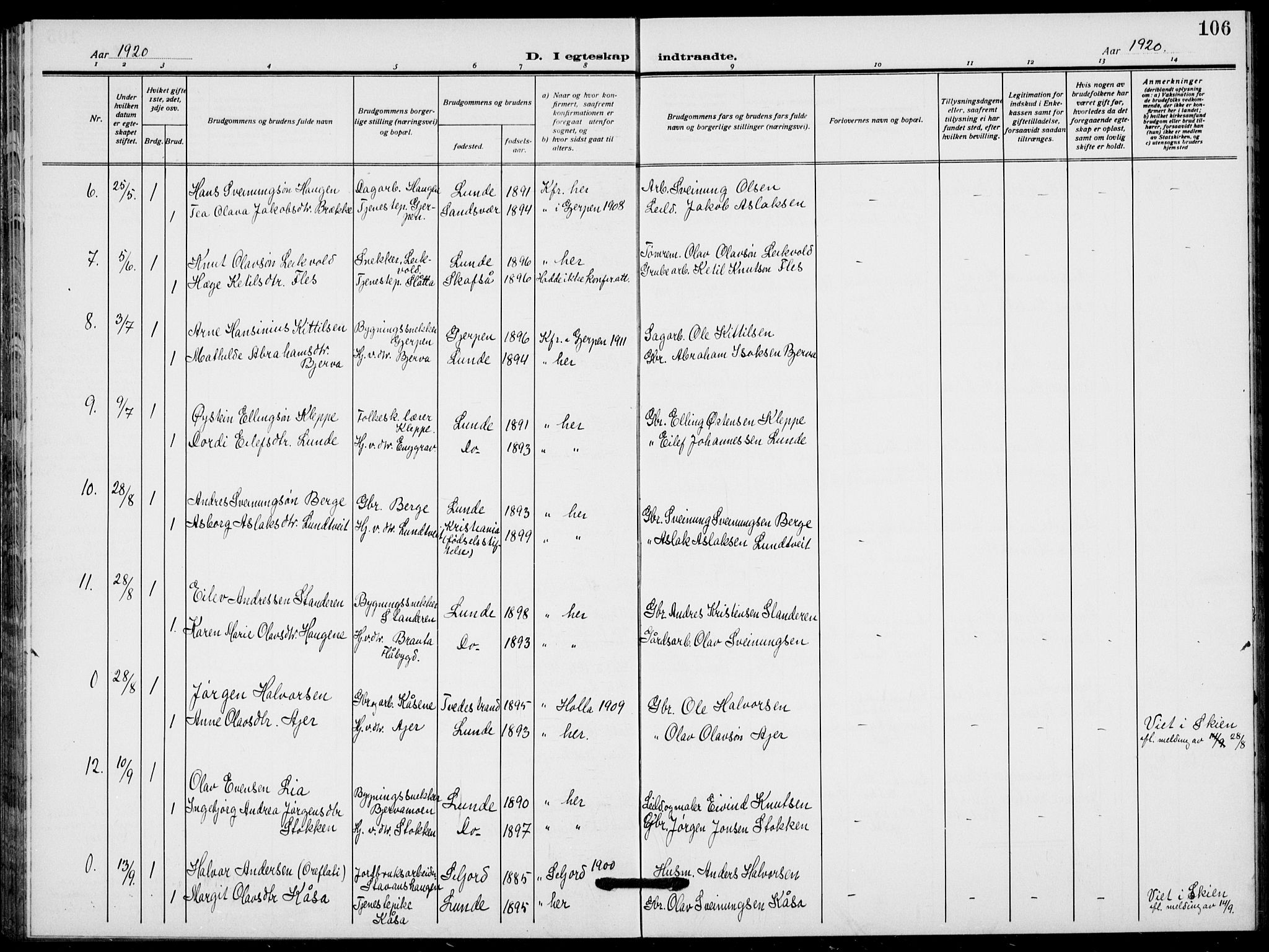 Lunde kirkebøker, AV/SAKO-A-282/F/Fa/L0005: Parish register (official) no. I 5, 1914-1922, p. 106