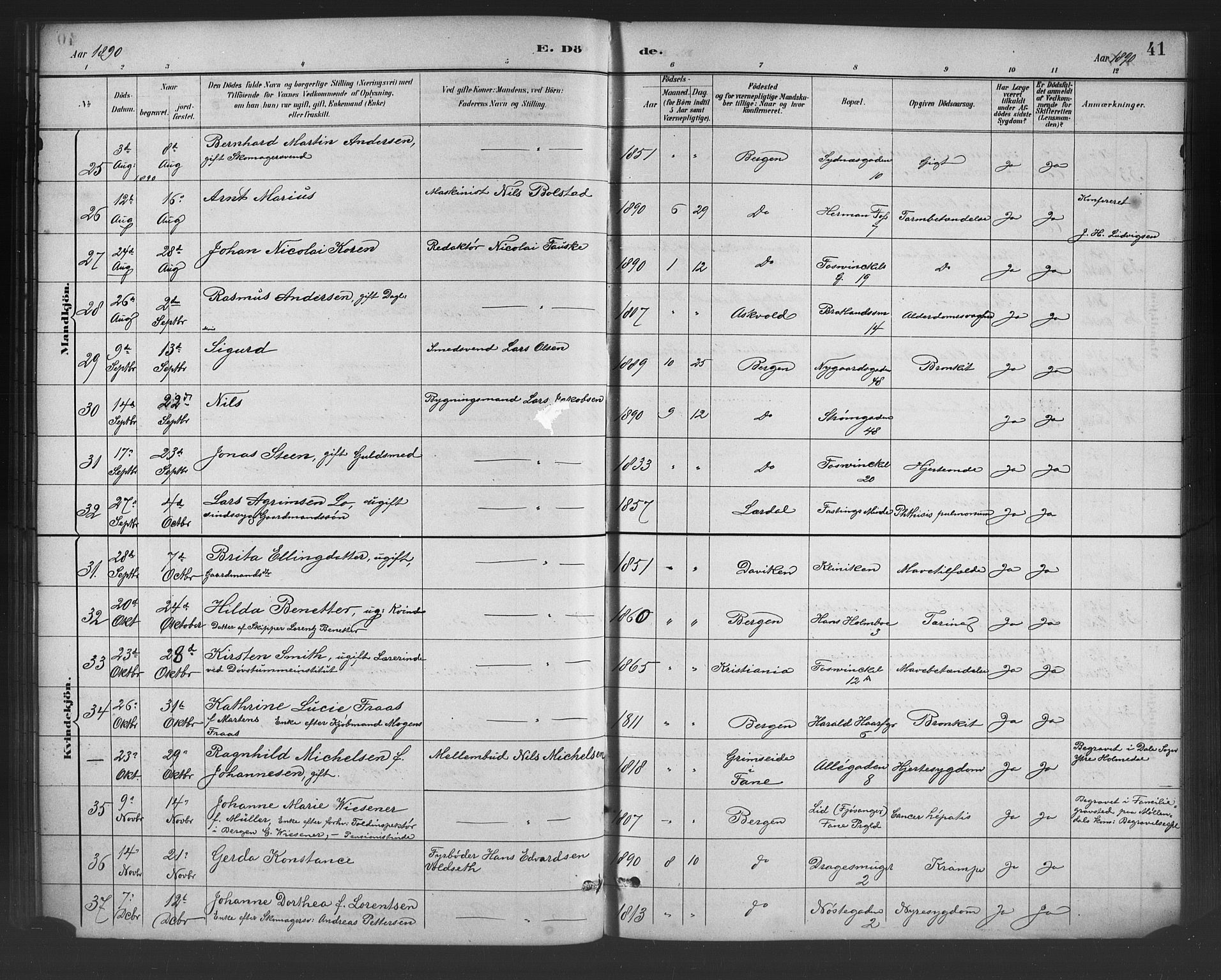 Johanneskirken sokneprestembete, SAB/A-76001/H/Hab: Parish register (copy) no. D 1, 1885-1915, p. 41