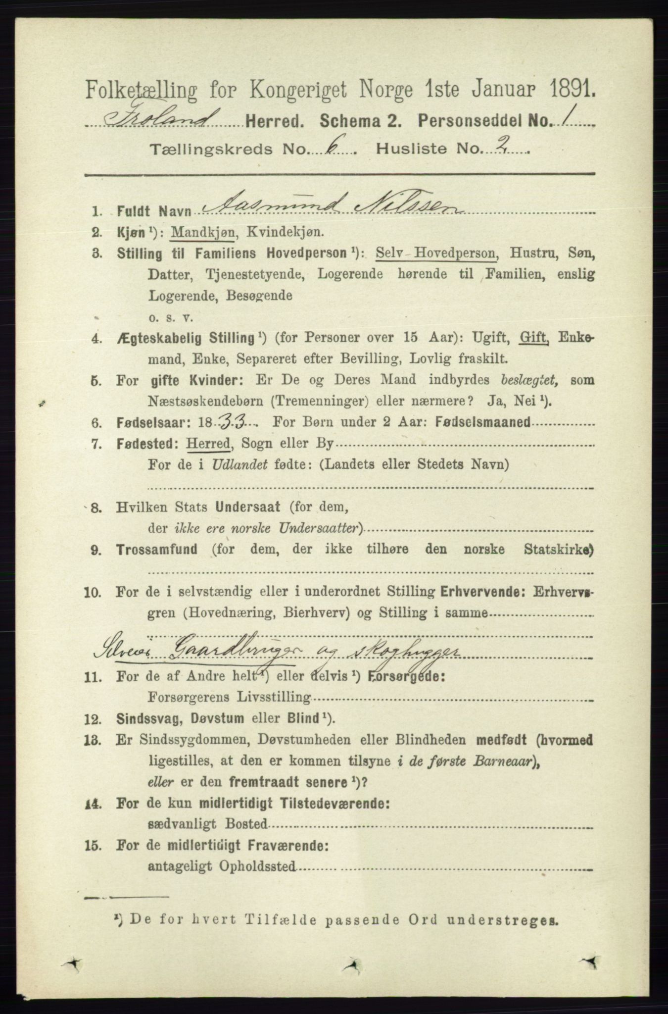 RA, 1891 census for 0919 Froland, 1891, p. 2209