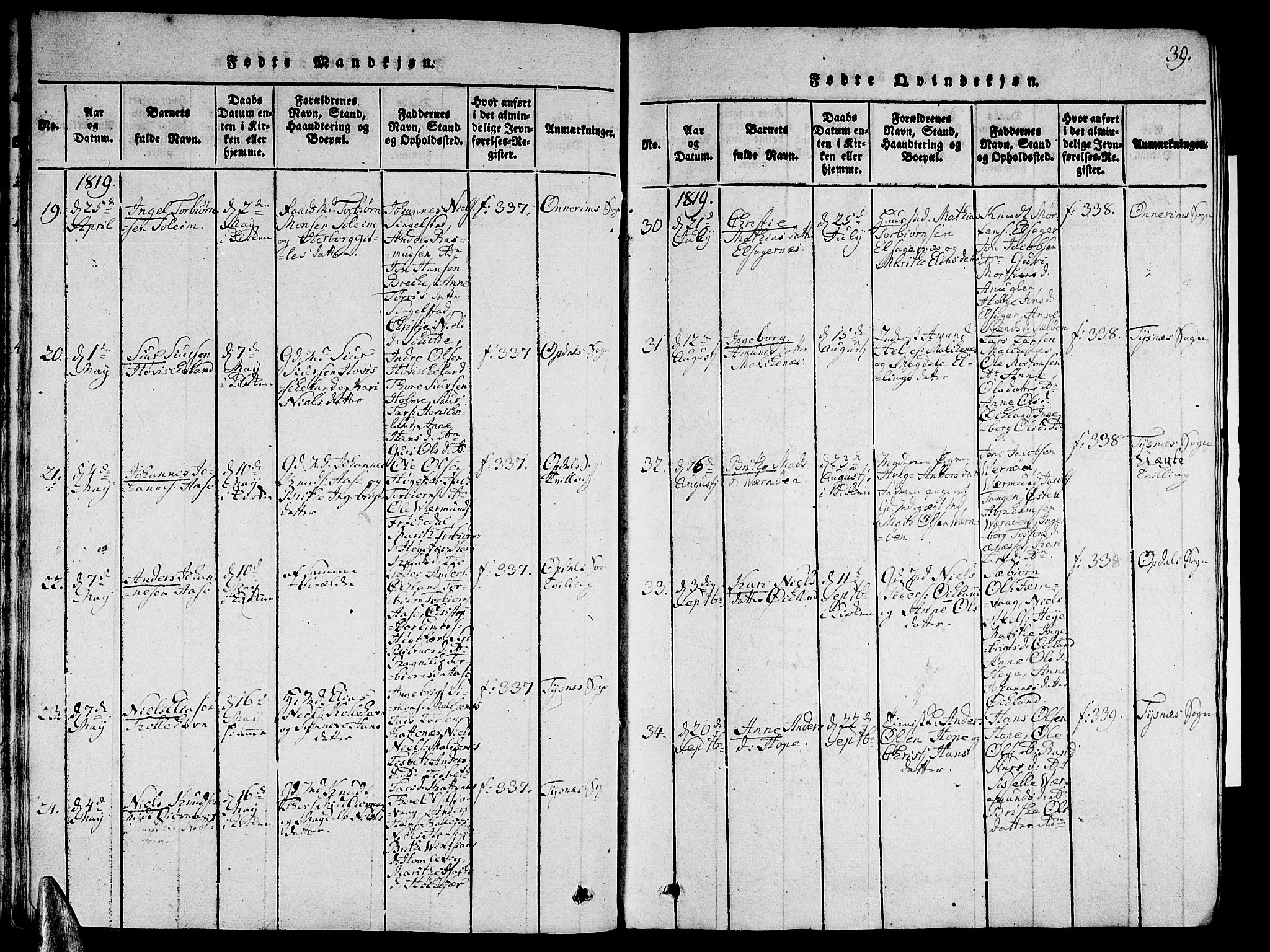 Tysnes sokneprestembete, SAB/A-78601/H/Hab: Parish register (copy) no. A 1, 1816-1828, p. 39