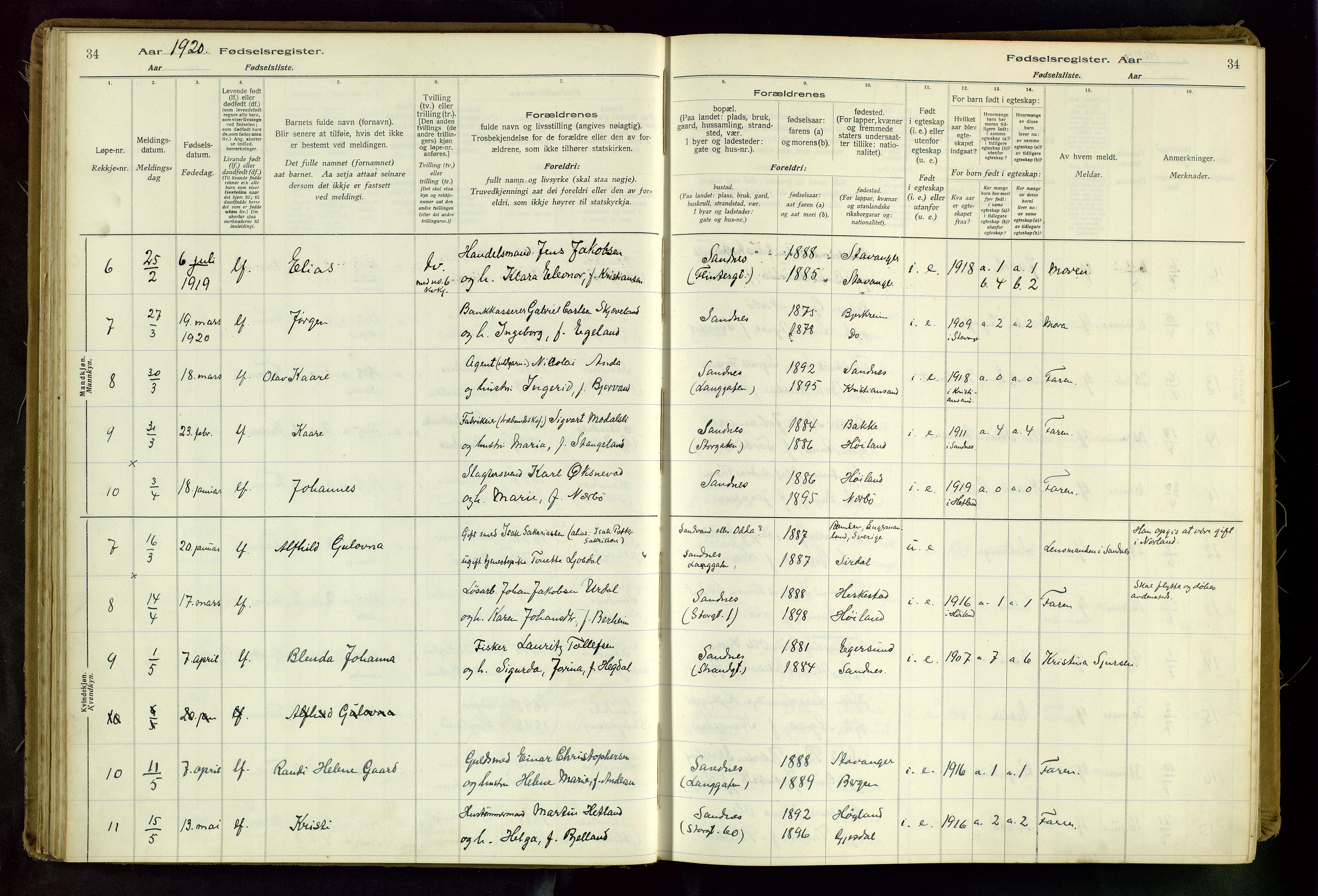 Sandnes sokneprestkontor, SAST/A-101800/704BA/L0001: Birth register no. 1, 1916-1942, p. 34