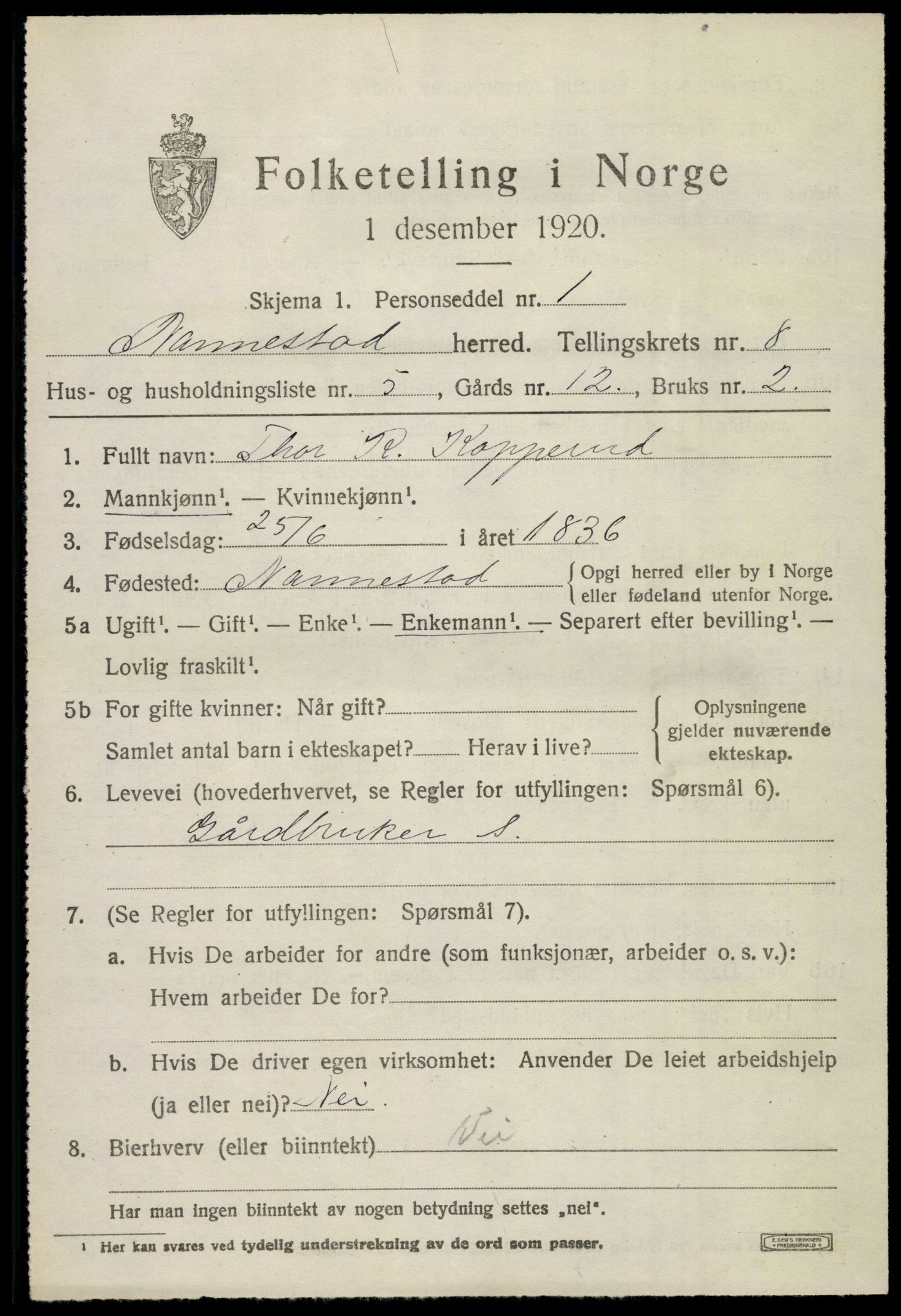 SAO, 1920 census for Nannestad, 1920, p. 9316