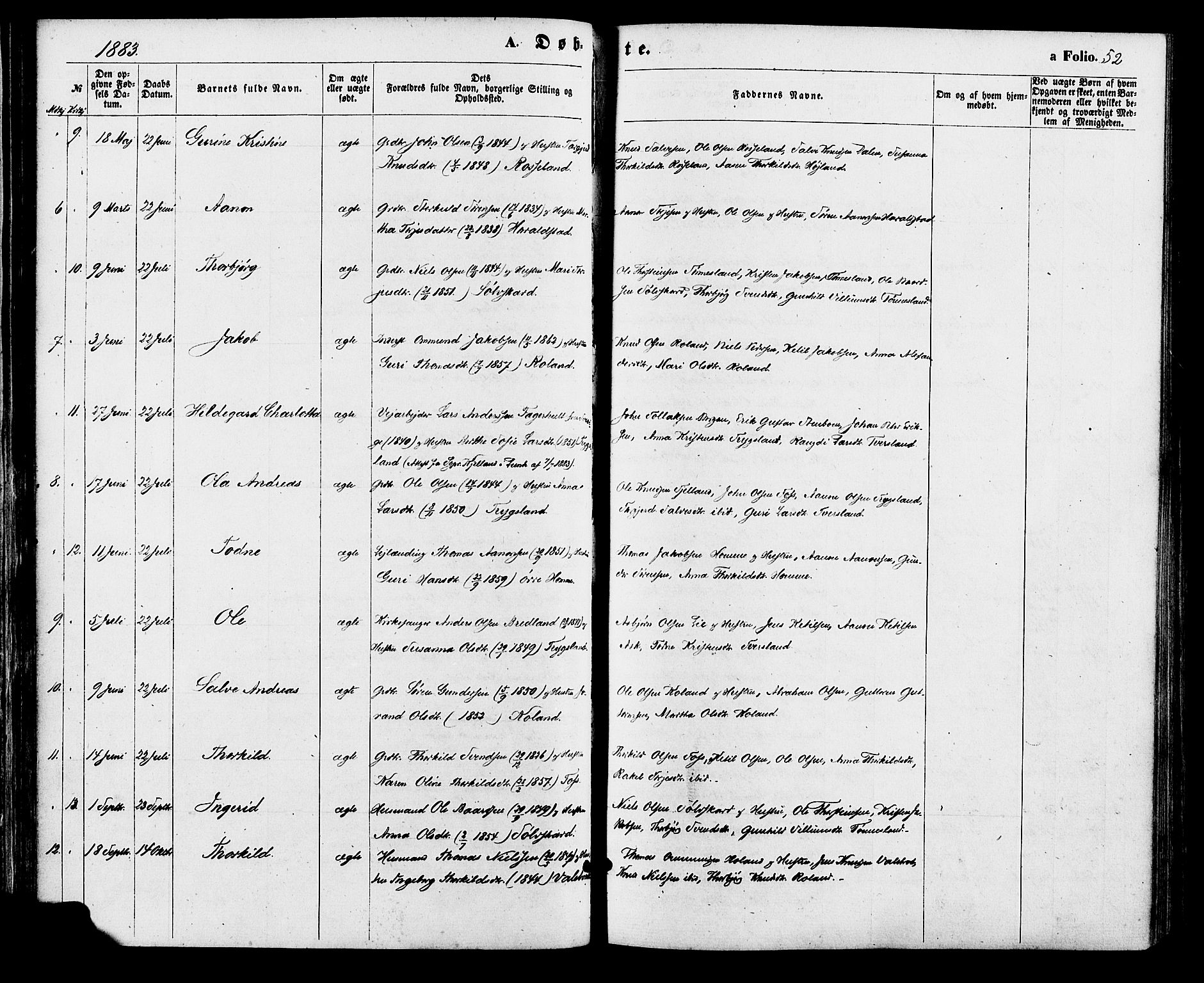 Bjelland sokneprestkontor, AV/SAK-1111-0005/F/Fa/Faa/L0003: Parish register (official) no. A 3, 1867-1887, p. 52