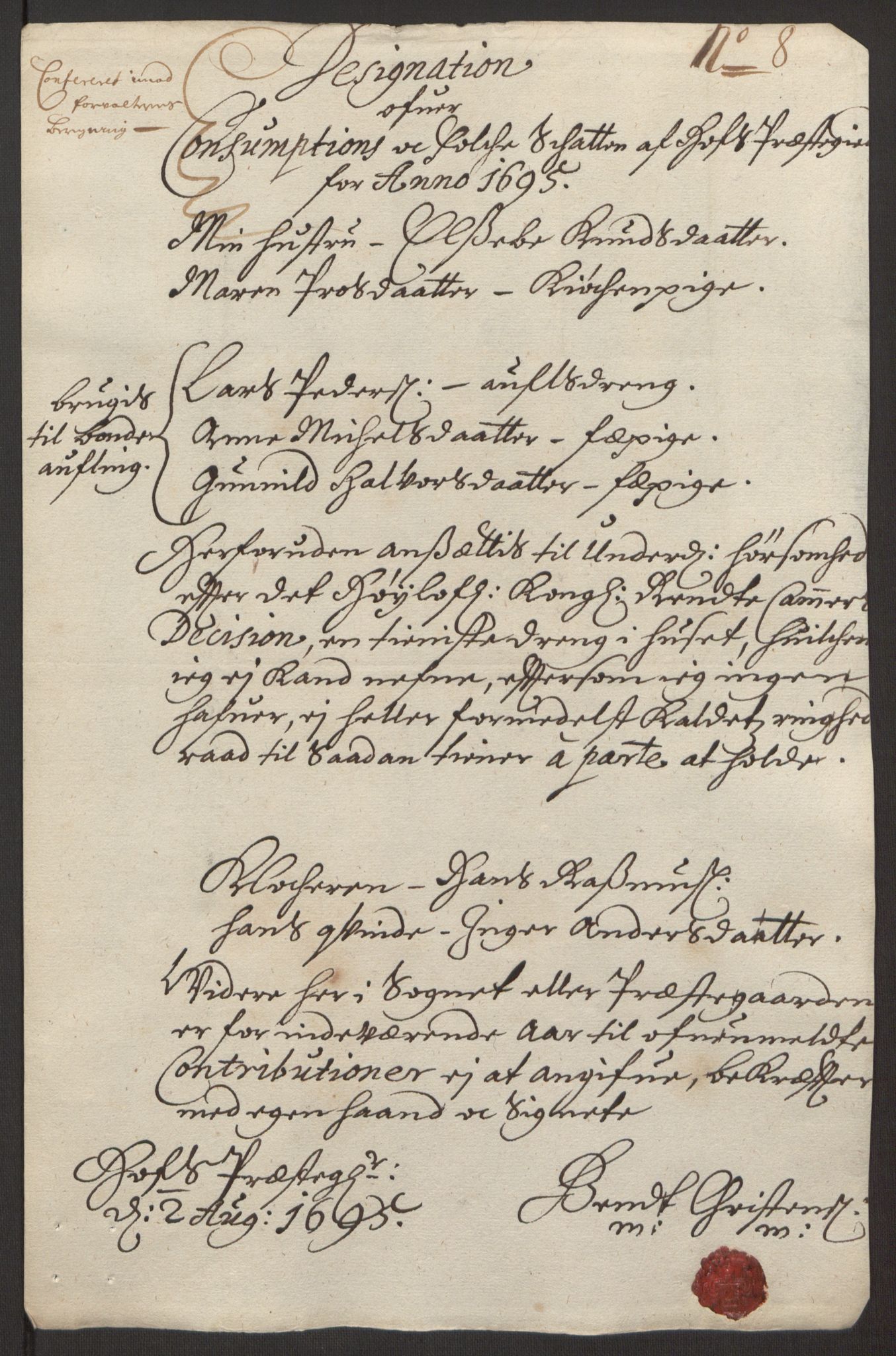 Rentekammeret inntil 1814, Reviderte regnskaper, Fogderegnskap, AV/RA-EA-4092/R32/L1867: Fogderegnskap Jarlsberg grevskap, 1694-1696, p. 167