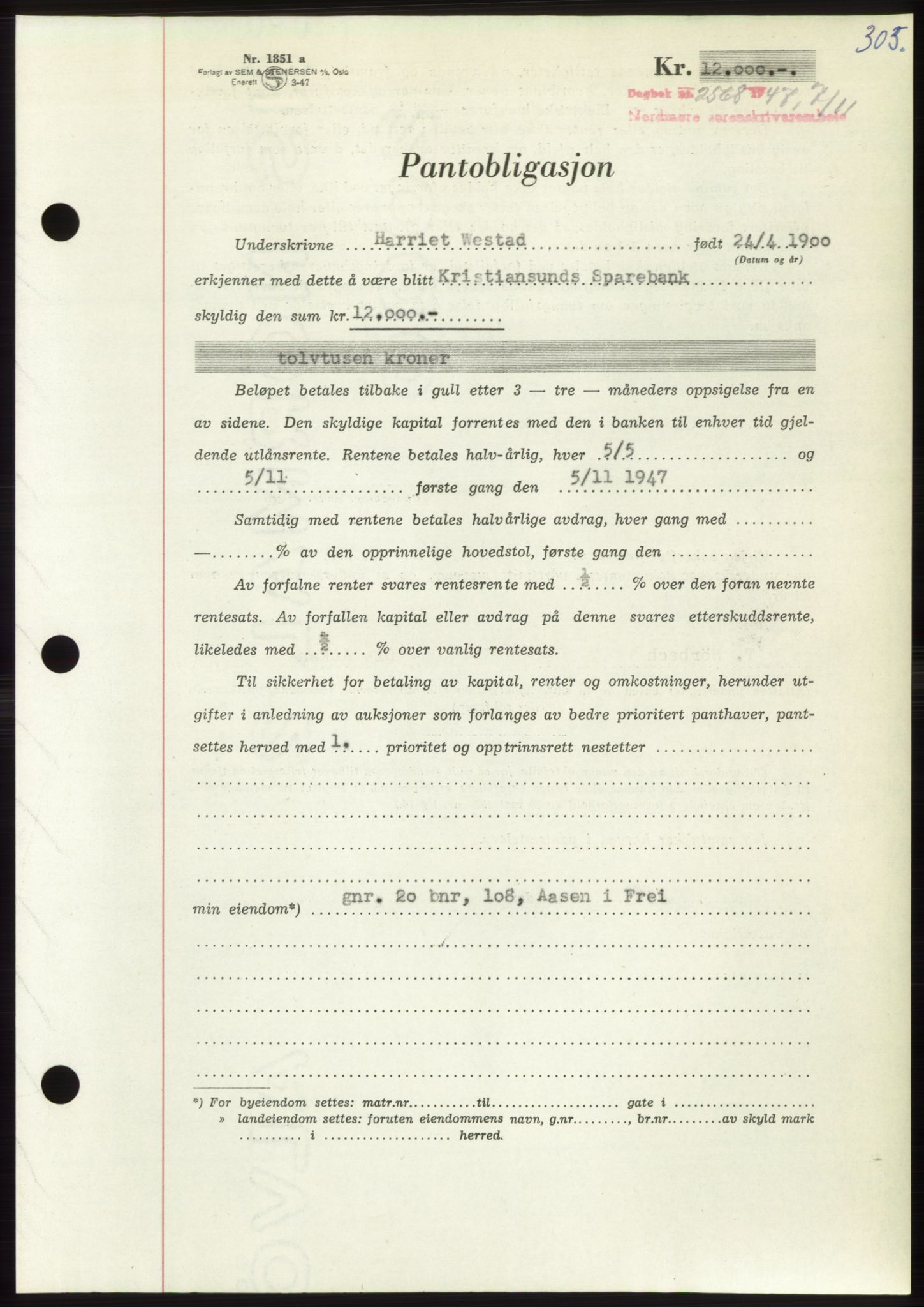 Nordmøre sorenskriveri, AV/SAT-A-4132/1/2/2Ca: Mortgage book no. B97, 1947-1948, Diary no: : 2568/1947