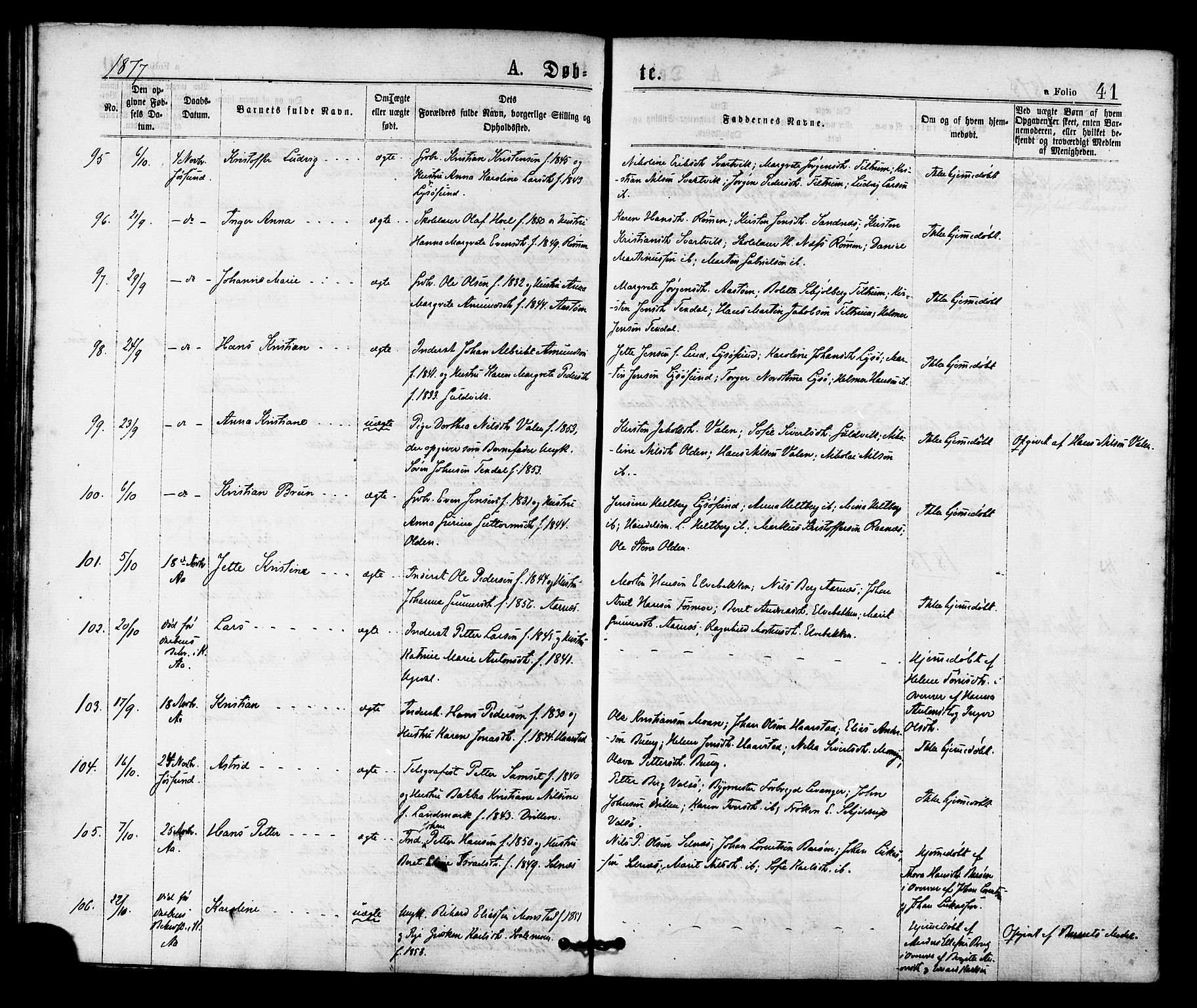 Ministerialprotokoller, klokkerbøker og fødselsregistre - Sør-Trøndelag, AV/SAT-A-1456/655/L0679: Parish register (official) no. 655A08, 1873-1879, p. 41