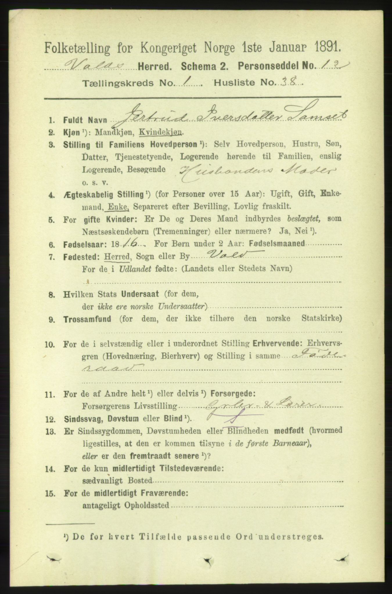 RA, 1891 census for 1537 Voll, 1891, p. 317