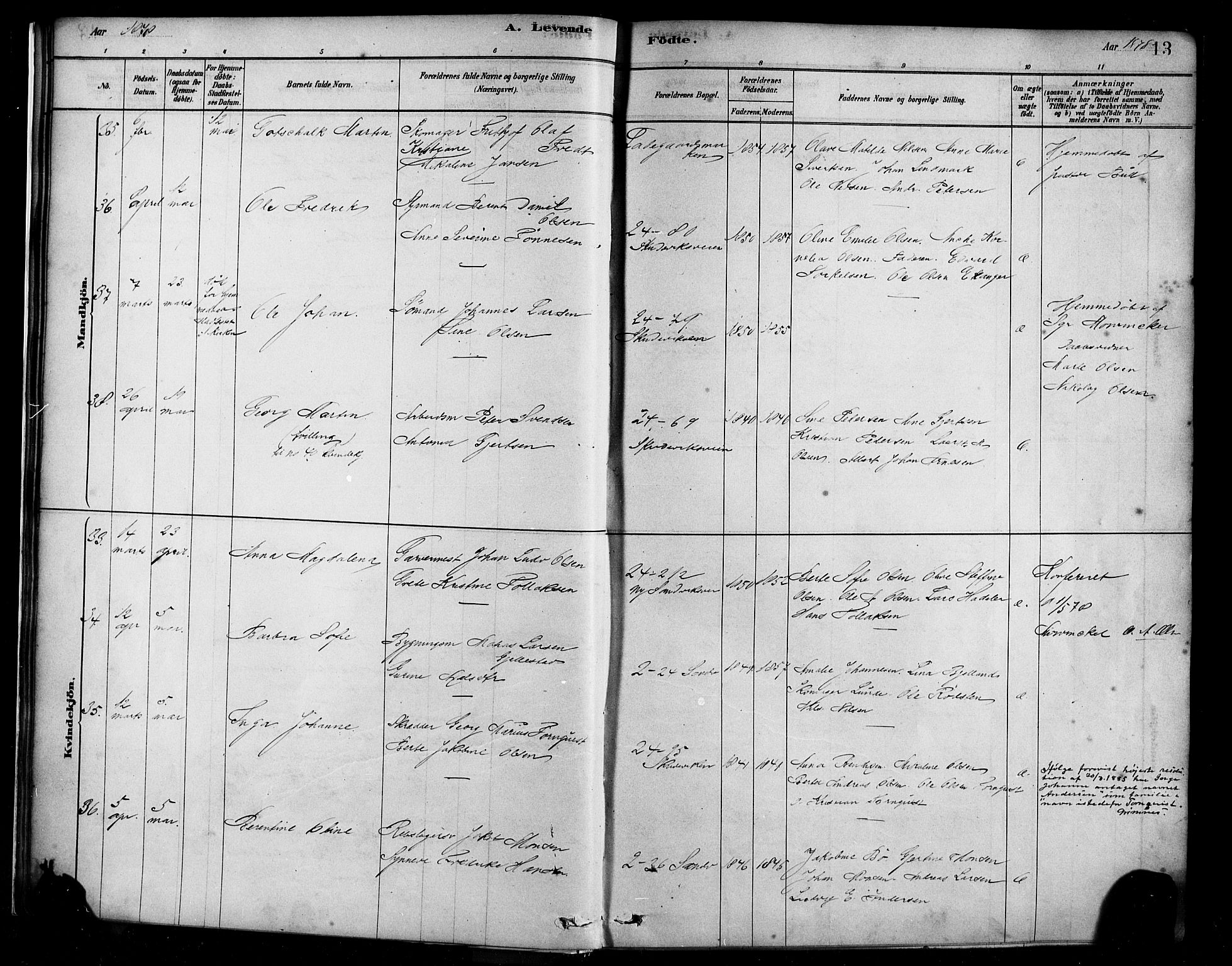 Sandviken Sokneprestembete, AV/SAB-A-77601/H/Ha/L0004: Parish register (official) no. B 1, 1878-1891, p. 13