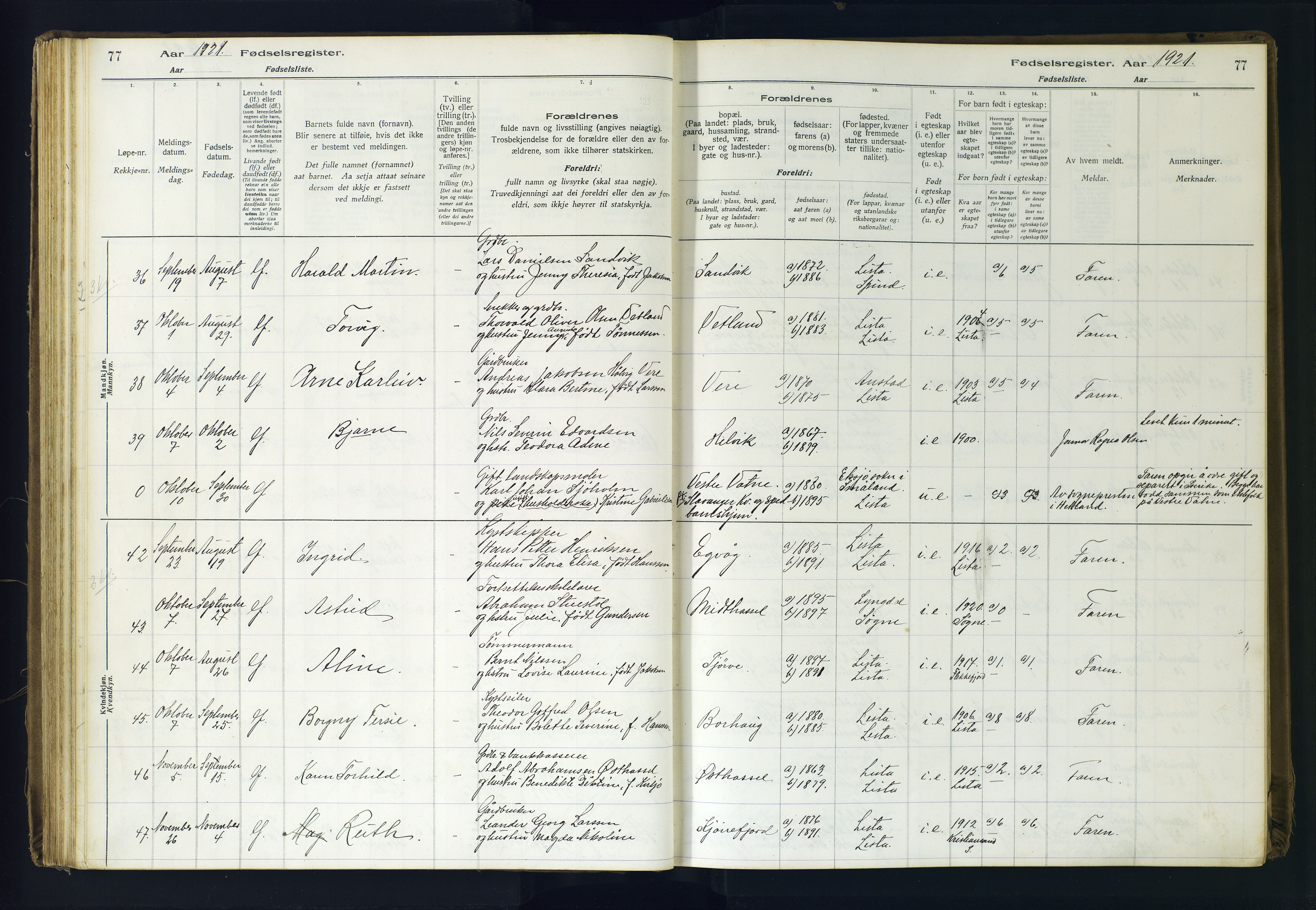 Lista sokneprestkontor, AV/SAK-1111-0027/J/Ja/L0001: Birth register no. A-VI-30, 1916-1934, p. 77