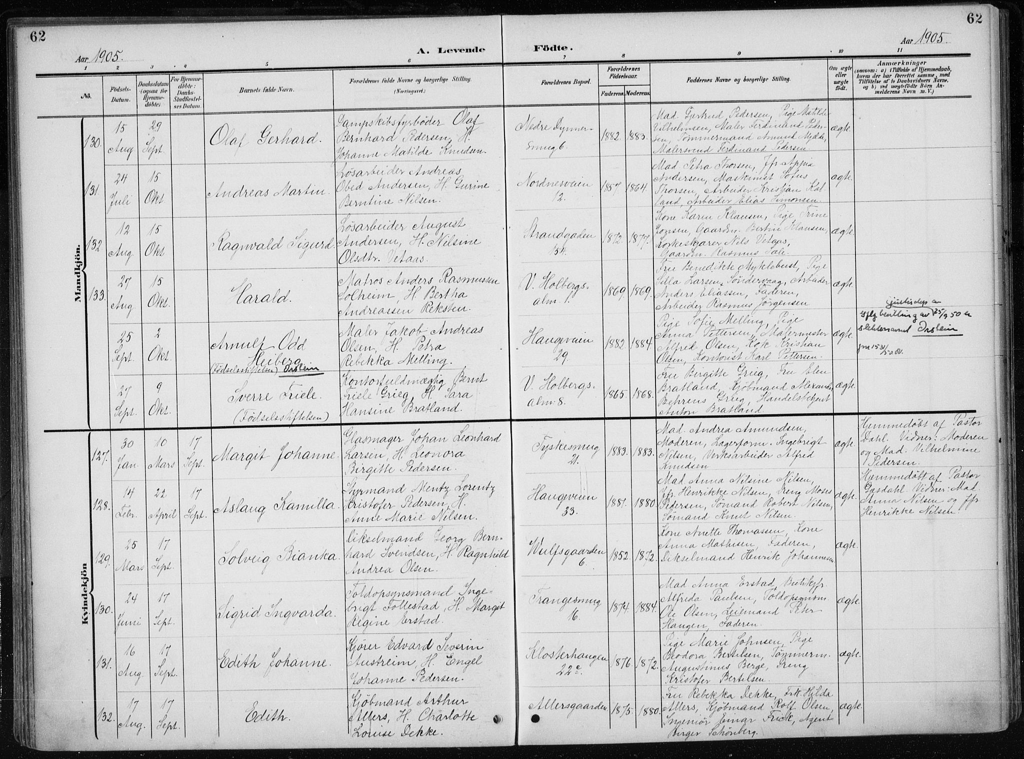 Nykirken Sokneprestembete, AV/SAB-A-77101/H/Haa/L0019: Parish register (official) no. B 7, 1904-1916, p. 62