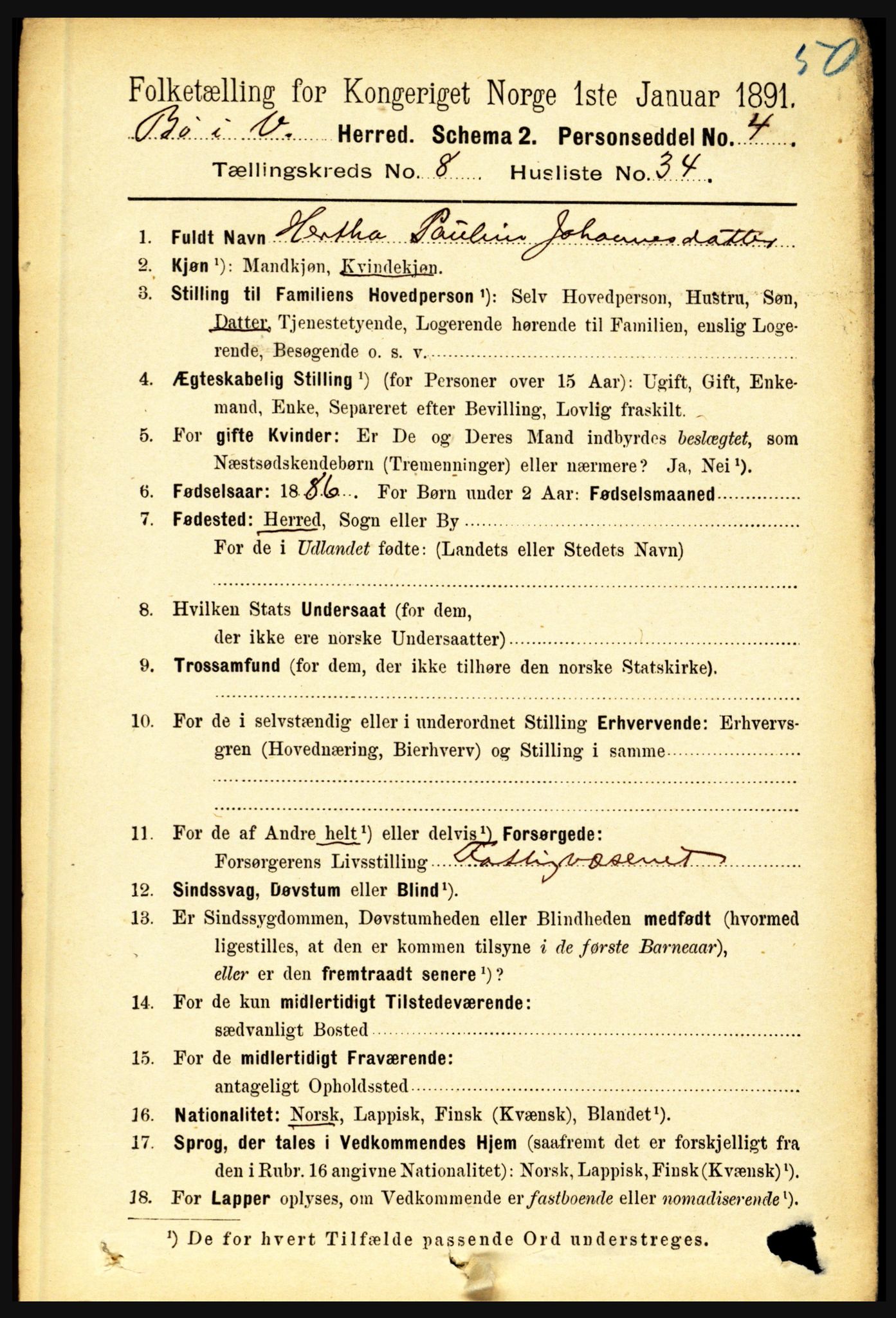 RA, 1891 census for 1867 Bø, 1891, p. 3215