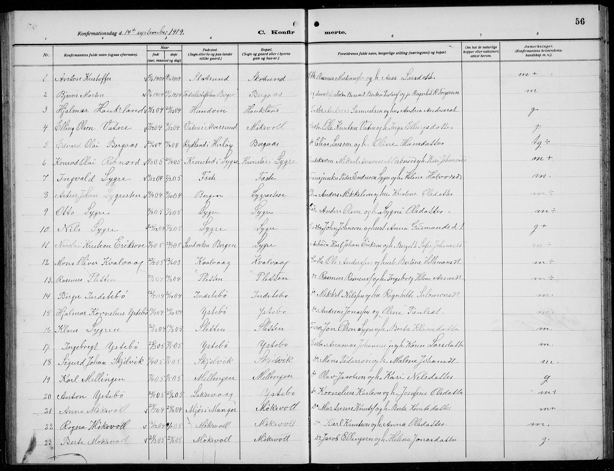 Alversund Sokneprestembete, SAB/A-73901/H/Ha/Hab: Parish register (copy) no. B 5, 1914-1932, p. 56