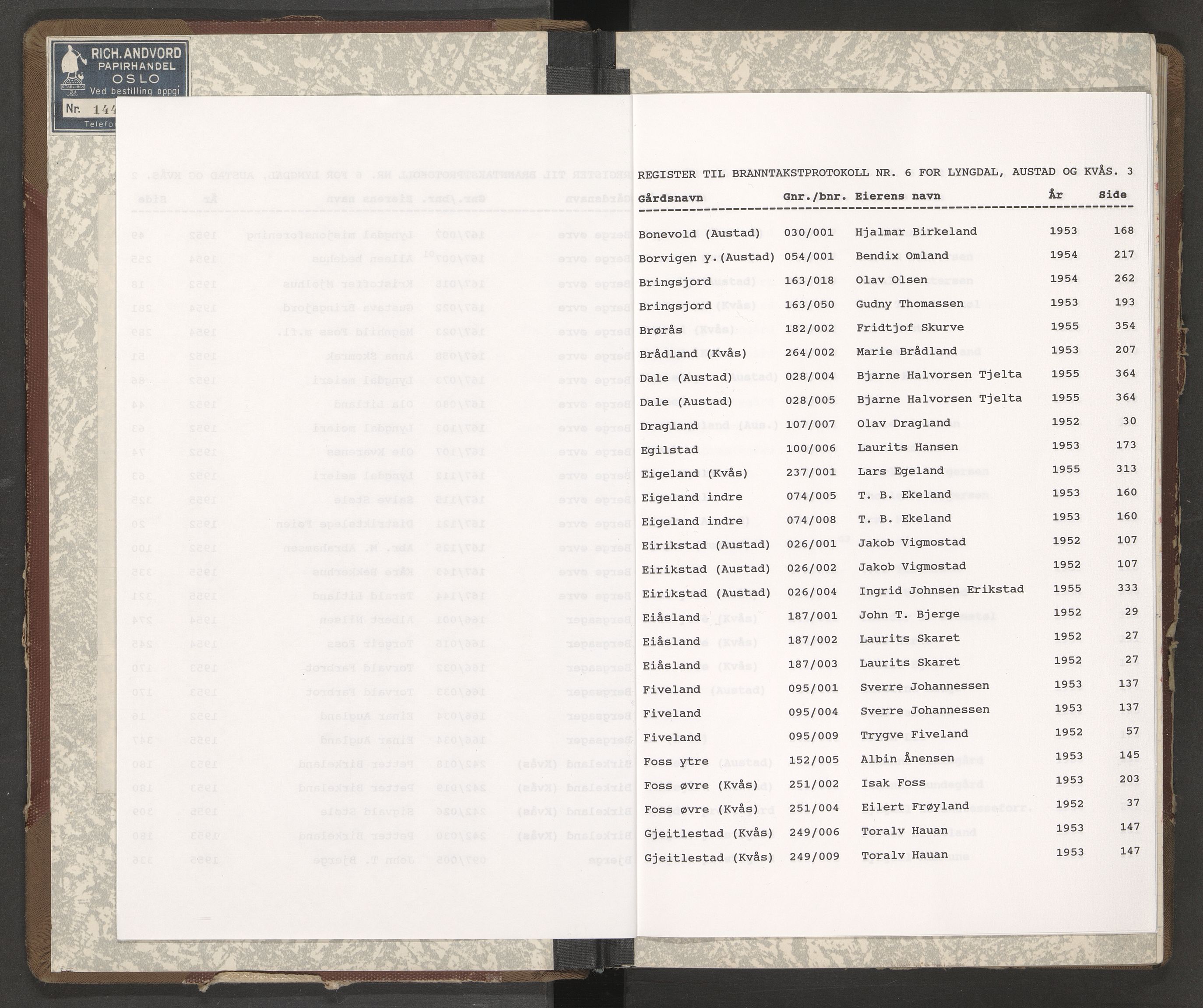 Norges Brannkasse Lyngdal, AV/SAK-2241-0036/F/Fa/L0006: Branntakstprotokoll nr. 6, 1951-1955