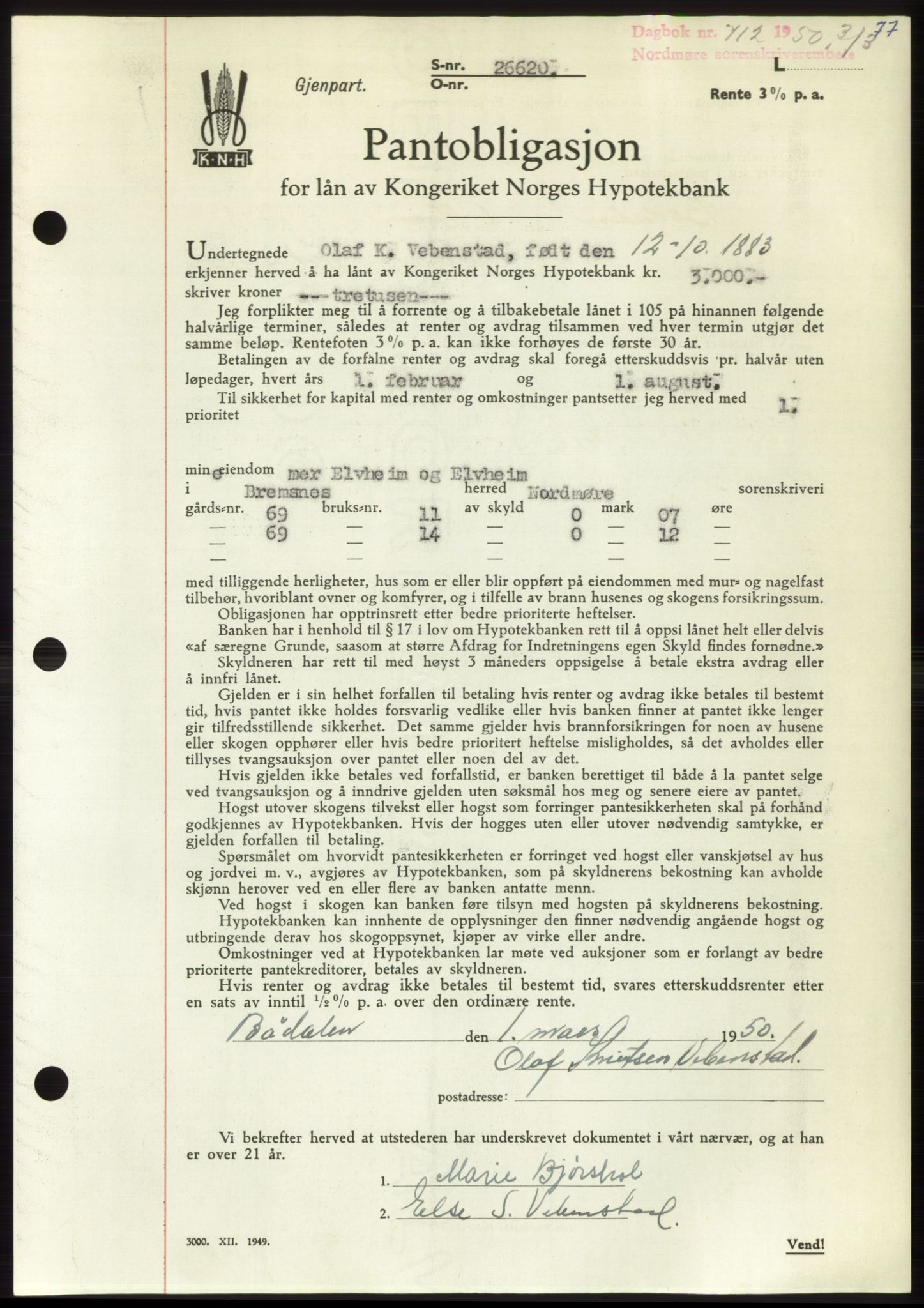 Nordmøre sorenskriveri, AV/SAT-A-4132/1/2/2Ca: Mortgage book no. B104, 1950-1950, Diary no: : 712/1950