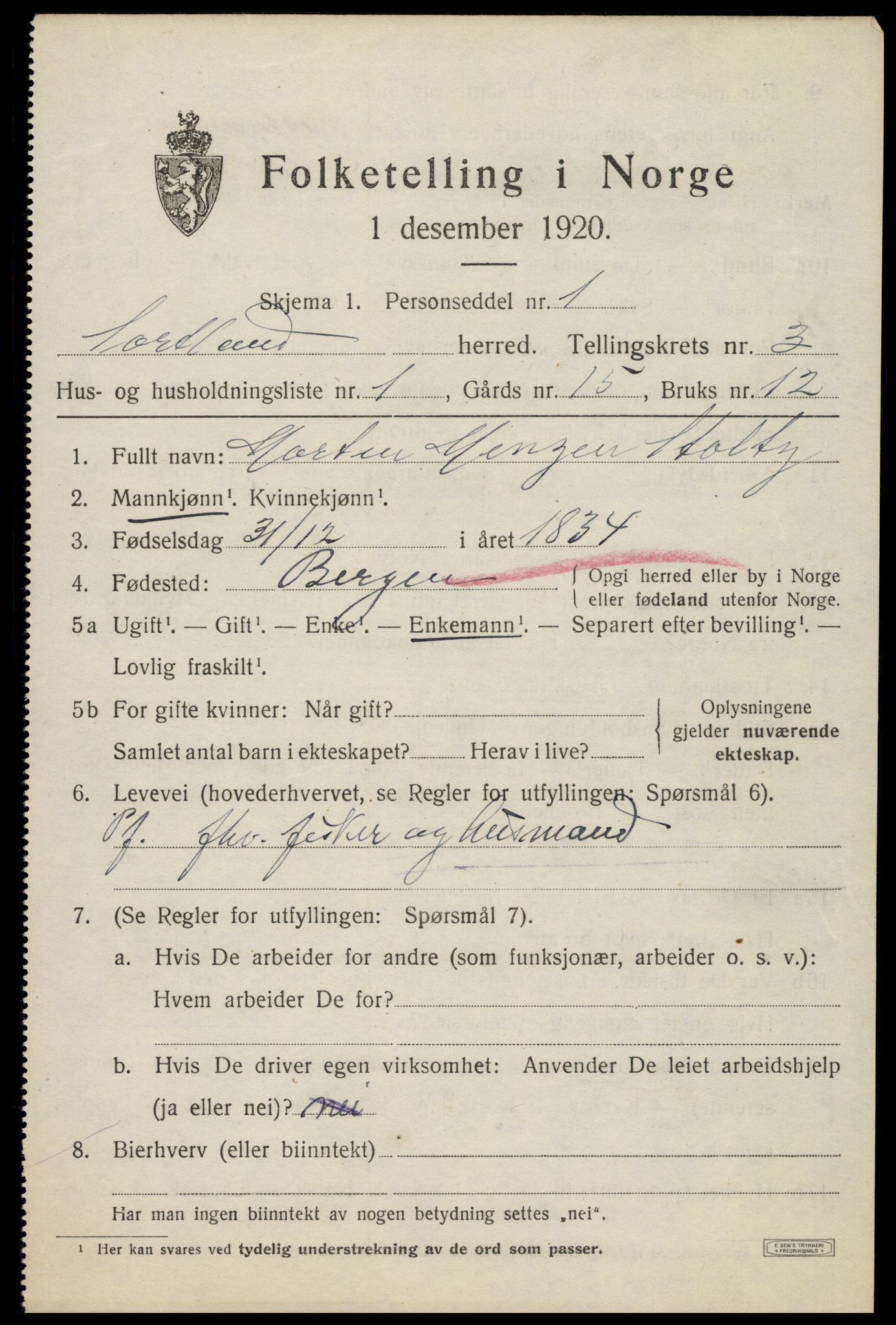 SAT, 1920 census for Sortland, 1920, p. 3614