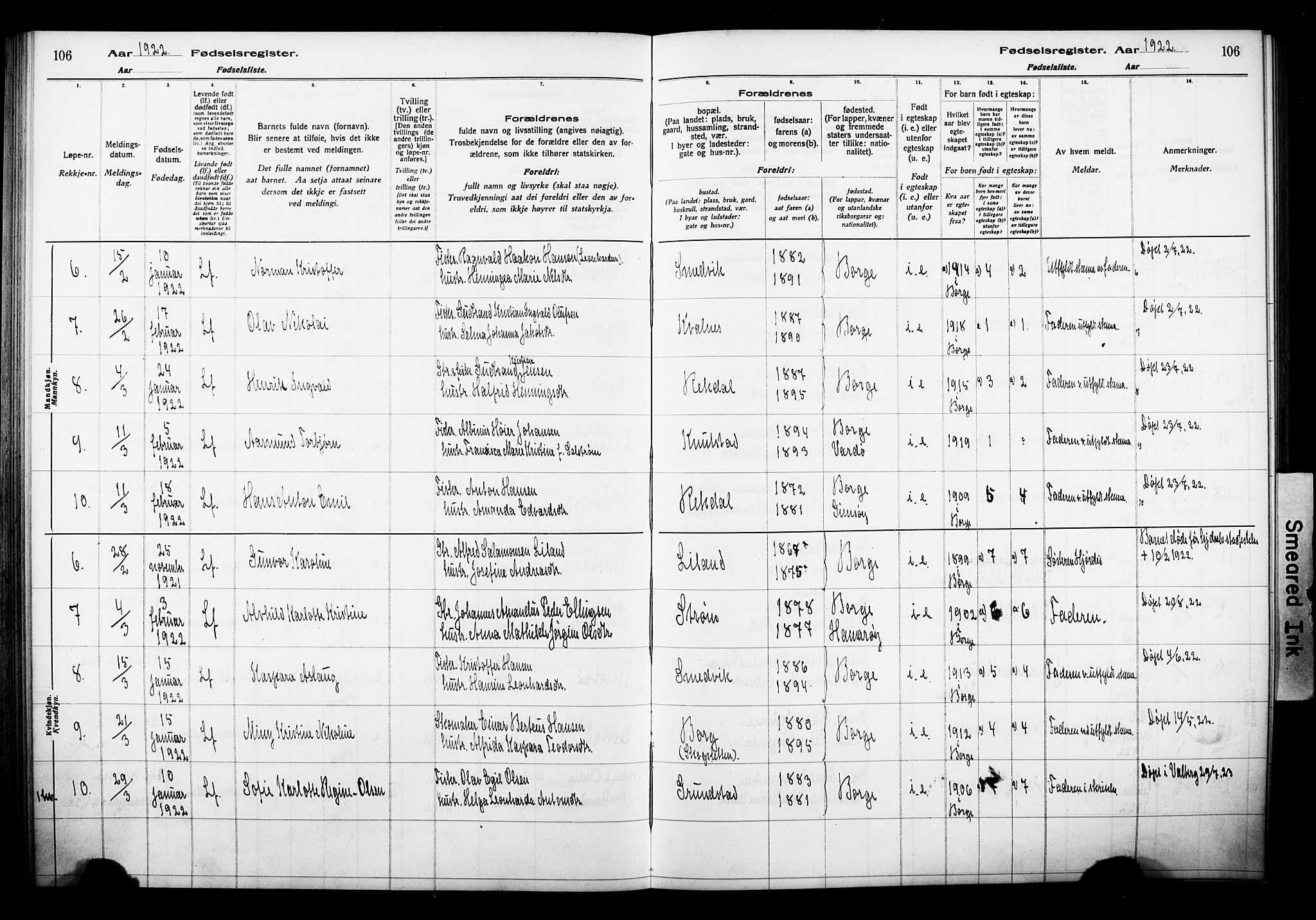 Ministerialprotokoller, klokkerbøker og fødselsregistre - Nordland, AV/SAT-A-1459/880/L1145: Birth register no. 880.II.4.1, 1916-1929, p. 106