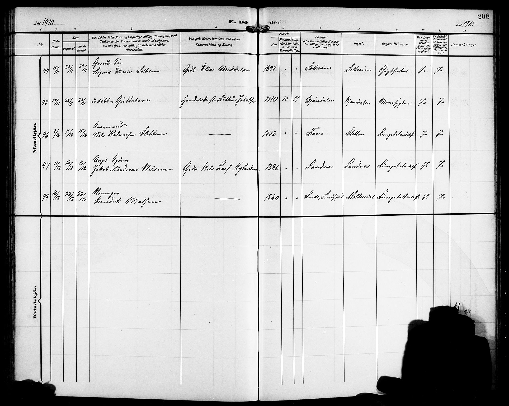 Årstad Sokneprestembete, AV/SAB-A-79301/H/Hab/L0018: Parish register (copy) no. C 1, 1902-1919, p. 208