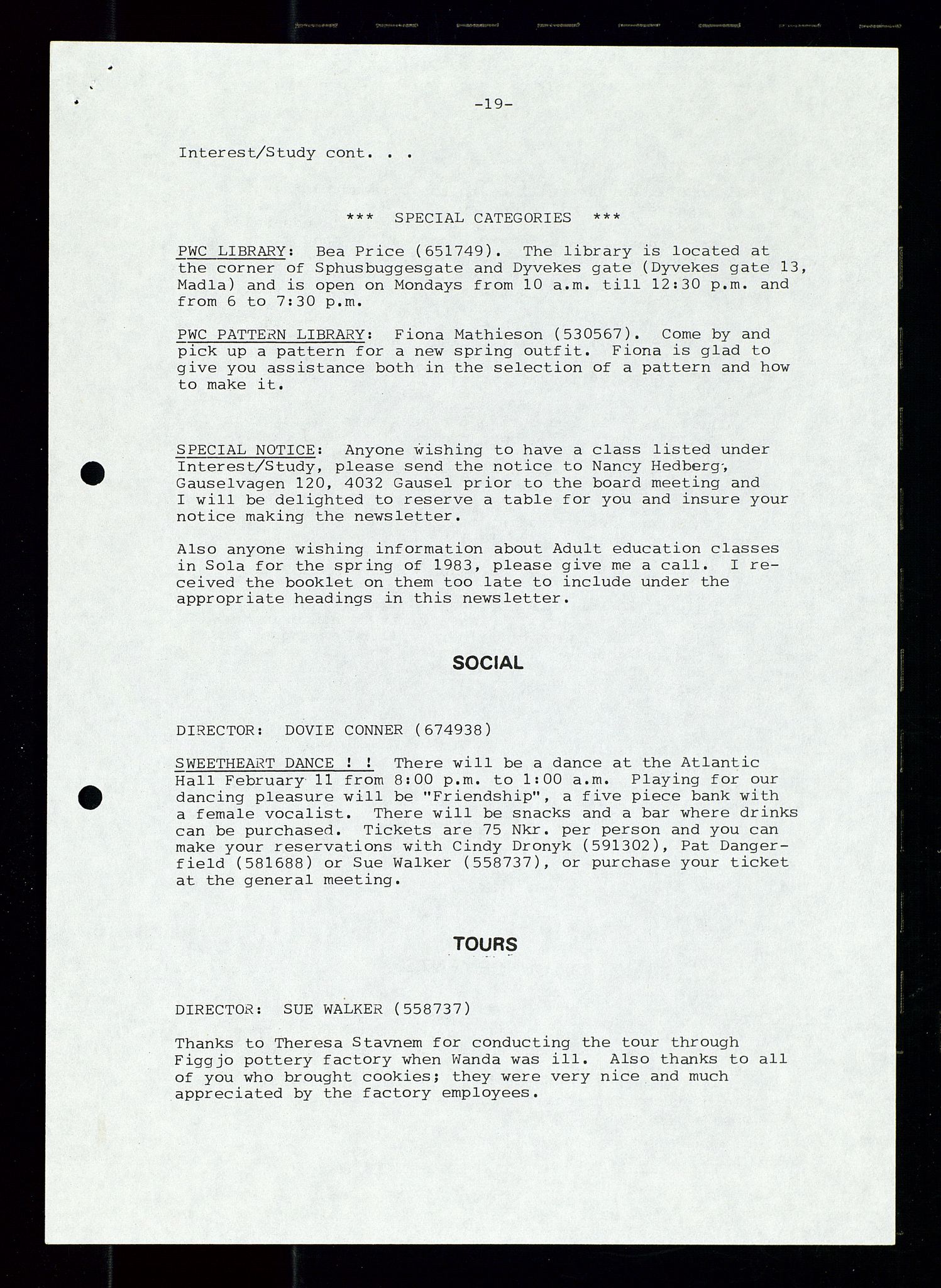 PA 1547 - Petroleum Wives Club, AV/SAST-A-101974/X/Xa/L0002: Newsletter, 1979-1987