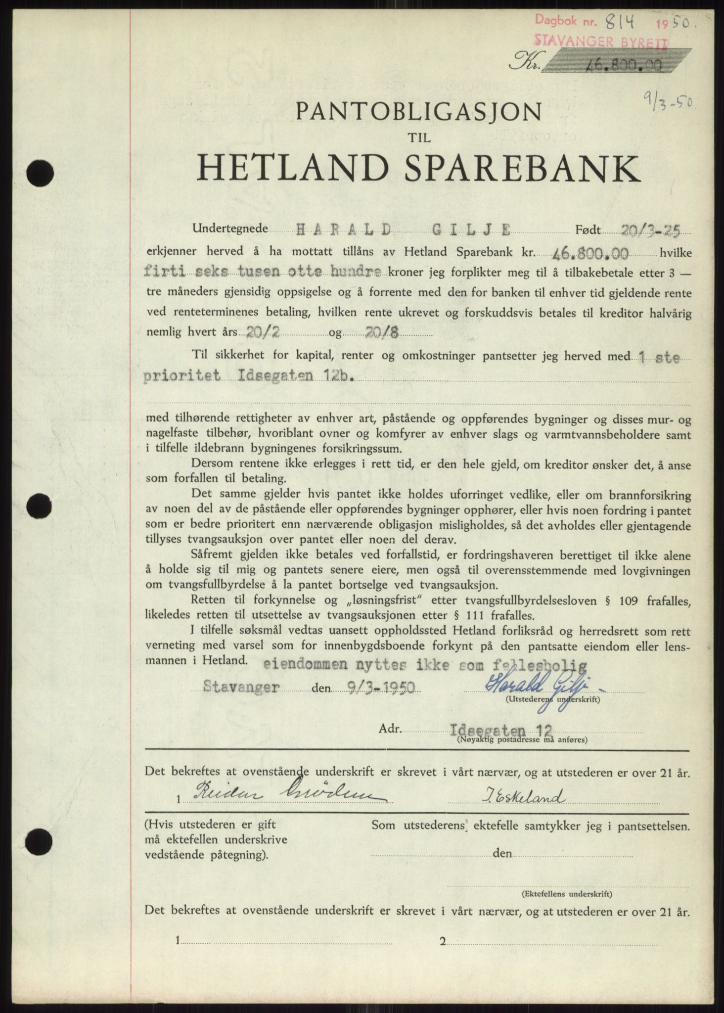 Stavanger byrett, SAST/A-100455/002/G/Gb/L0032: Mortgage book, 1947-1950, Diary no: : 814/1950