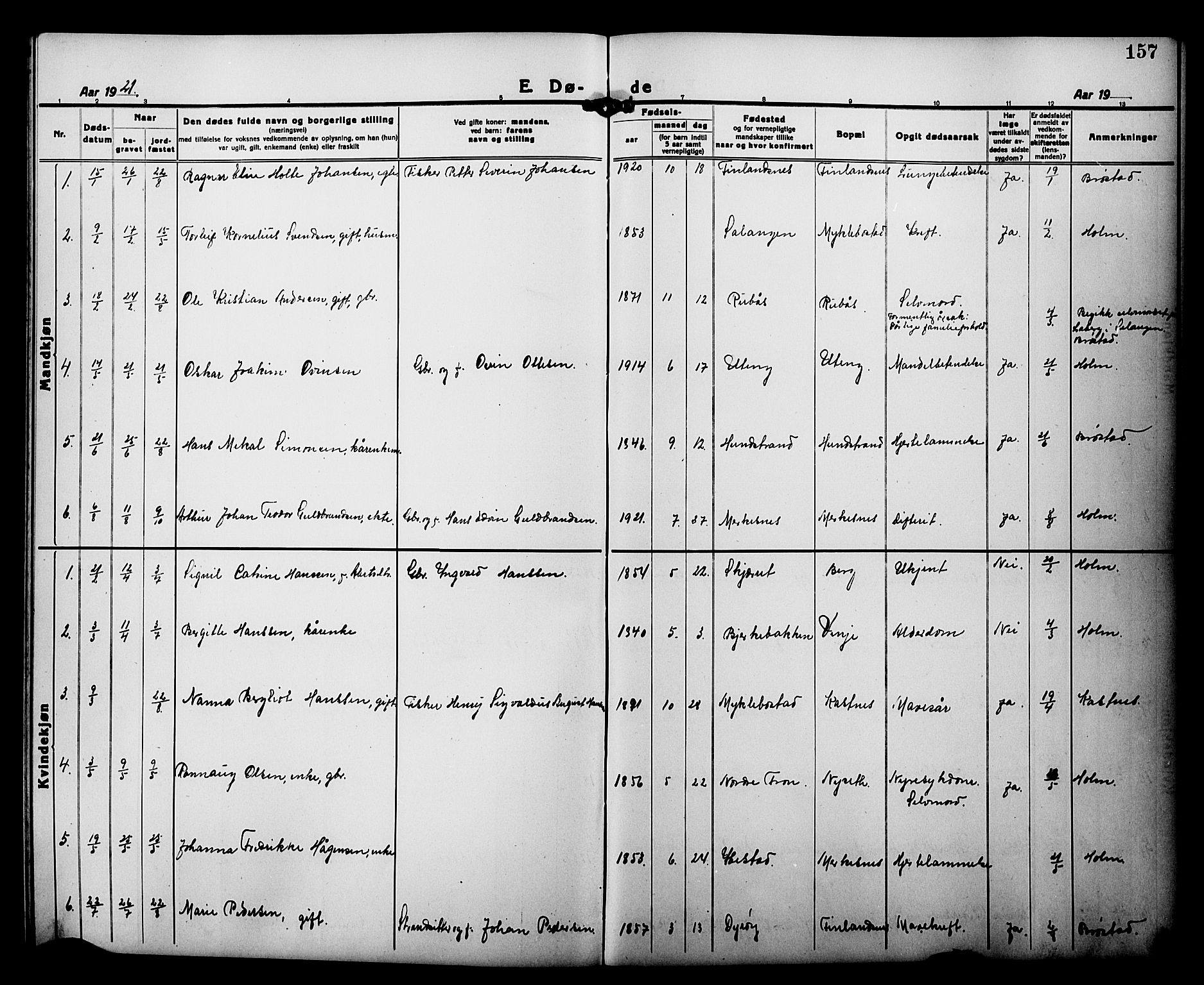 Tranøy sokneprestkontor, SATØ/S-1313/I/Ia/Iab/L0015klokker: Parish register (copy) no. 15, 1918-1930, p. 157