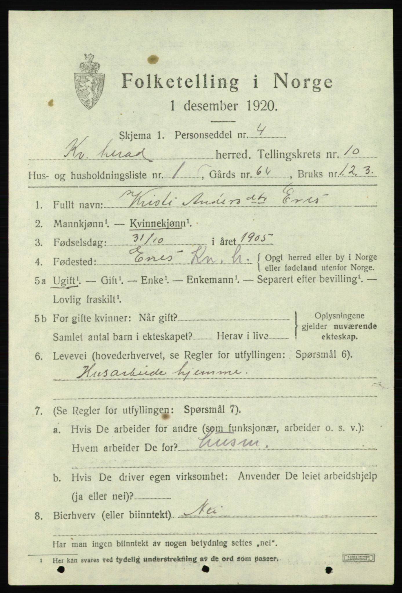 SAB, 1920 census for Kvinnherad, 1920, p. 6904