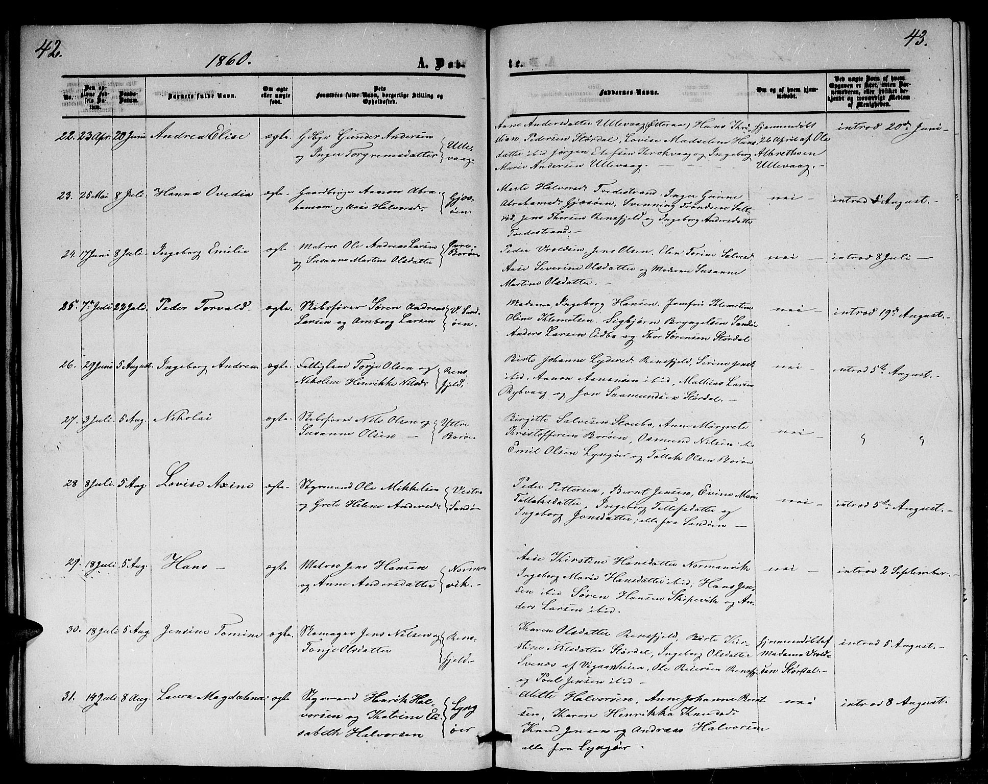Dypvåg sokneprestkontor, AV/SAK-1111-0007/F/Fb/Fba/L0011: Parish register (copy) no. B 11, 1857-1872, p. 42-43