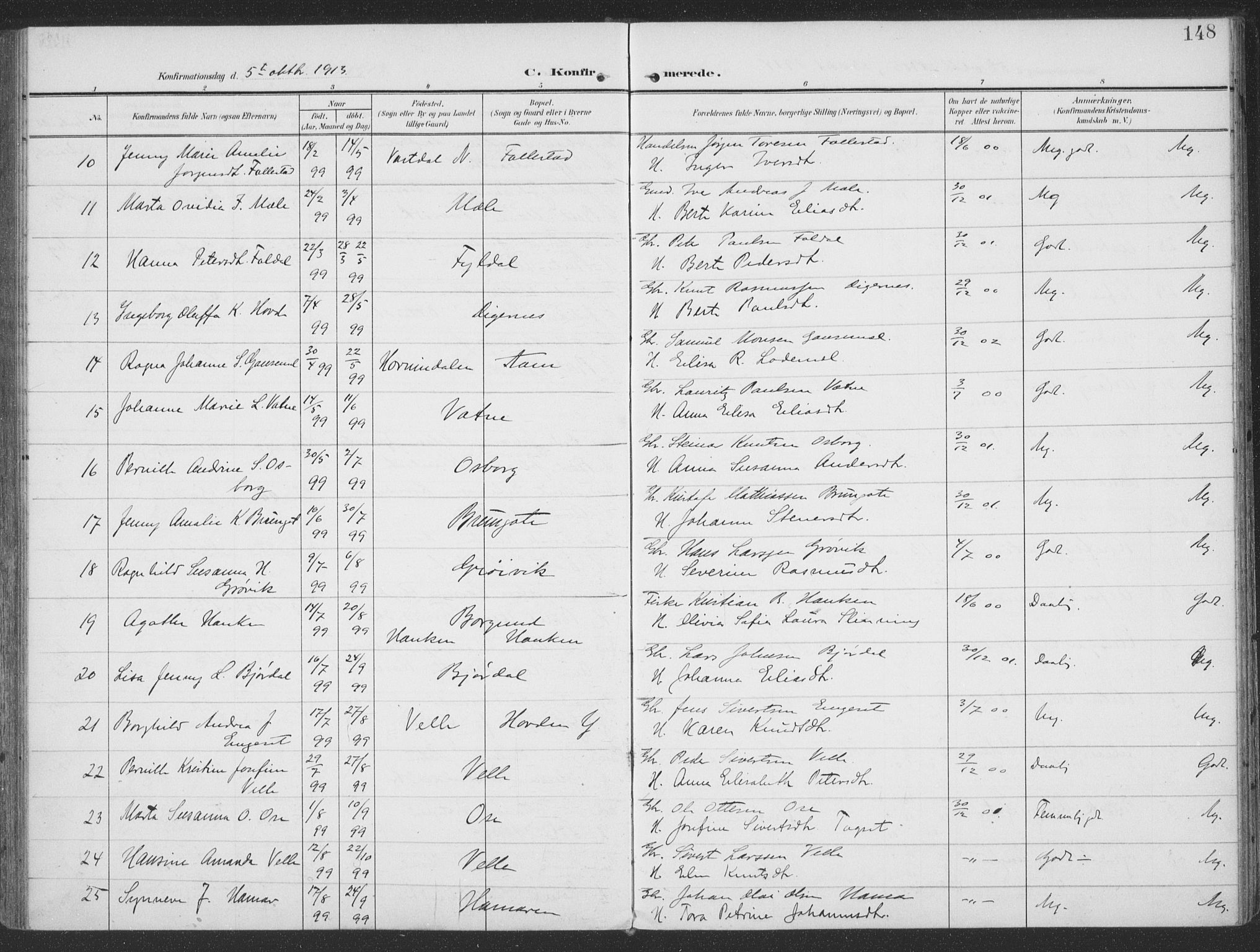 Ministerialprotokoller, klokkerbøker og fødselsregistre - Møre og Romsdal, SAT/A-1454/513/L0178: Parish register (official) no. 513A05, 1906-1919, p. 148