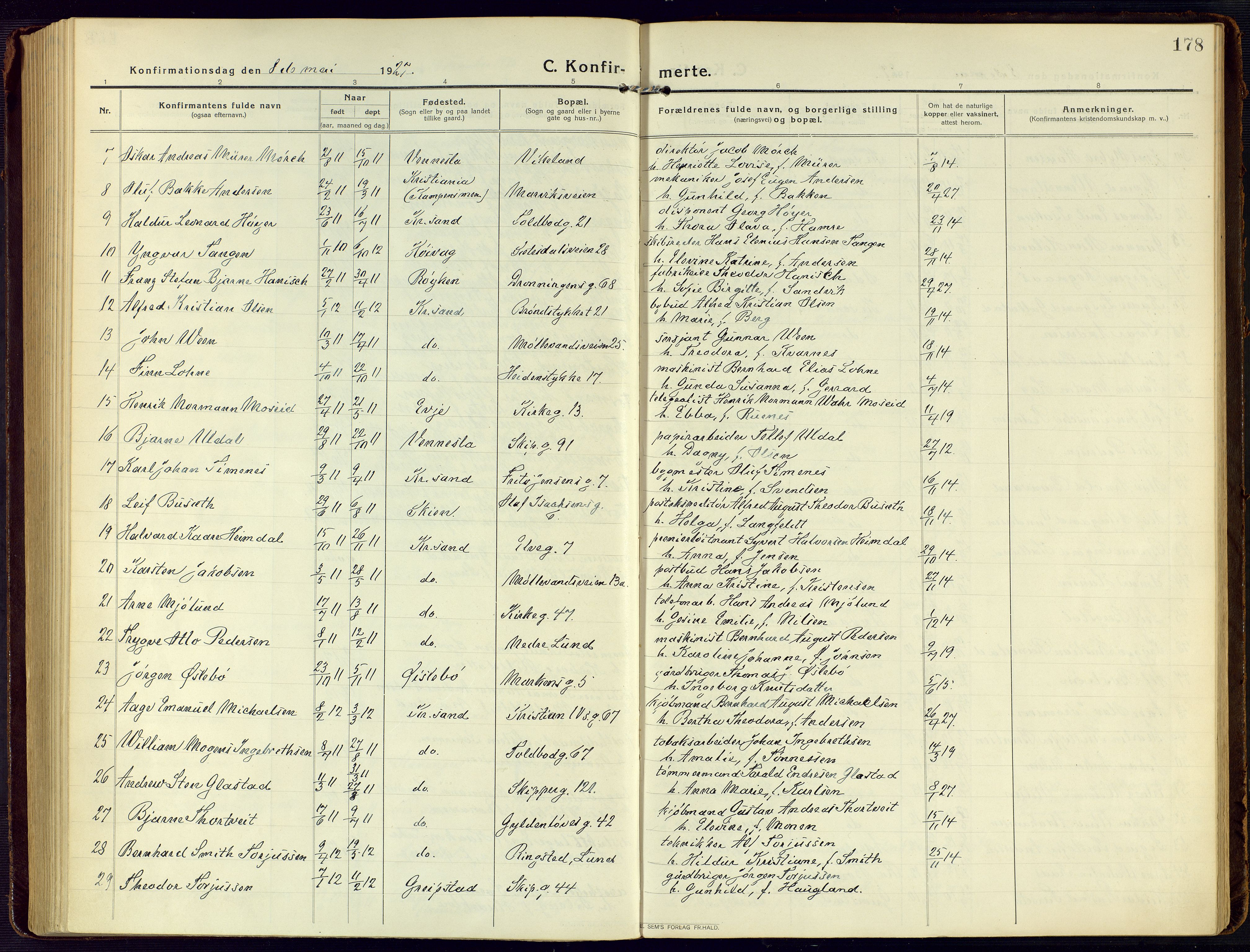 Kristiansand domprosti, SAK/1112-0006/F/Fa/L0026: Parish register (official) no. A 25, 1916-1928, p. 178