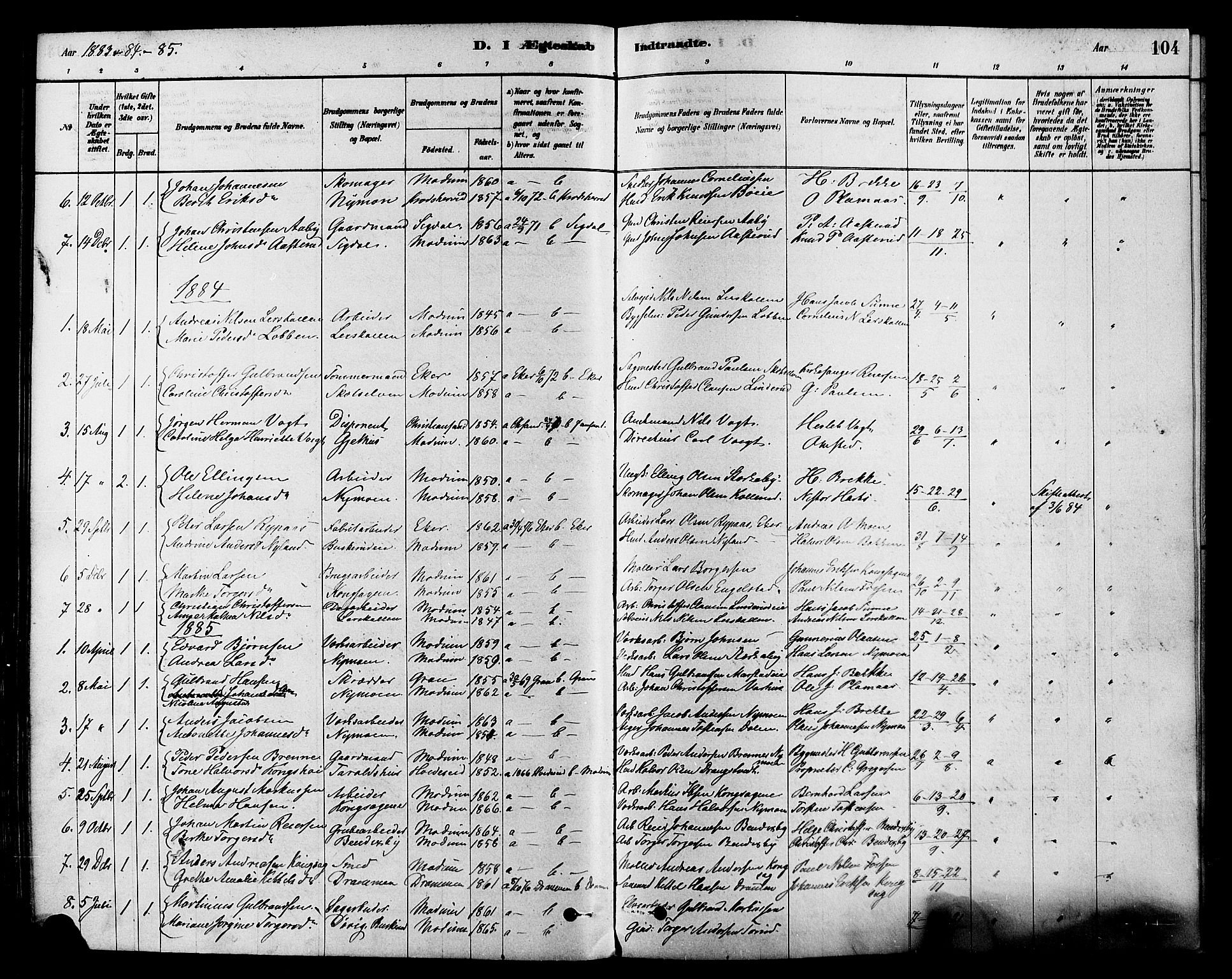 Modum kirkebøker, AV/SAKO-A-234/F/Fa/L0015: Parish register (official) no. 15 /1, 1877-1889, p. 104