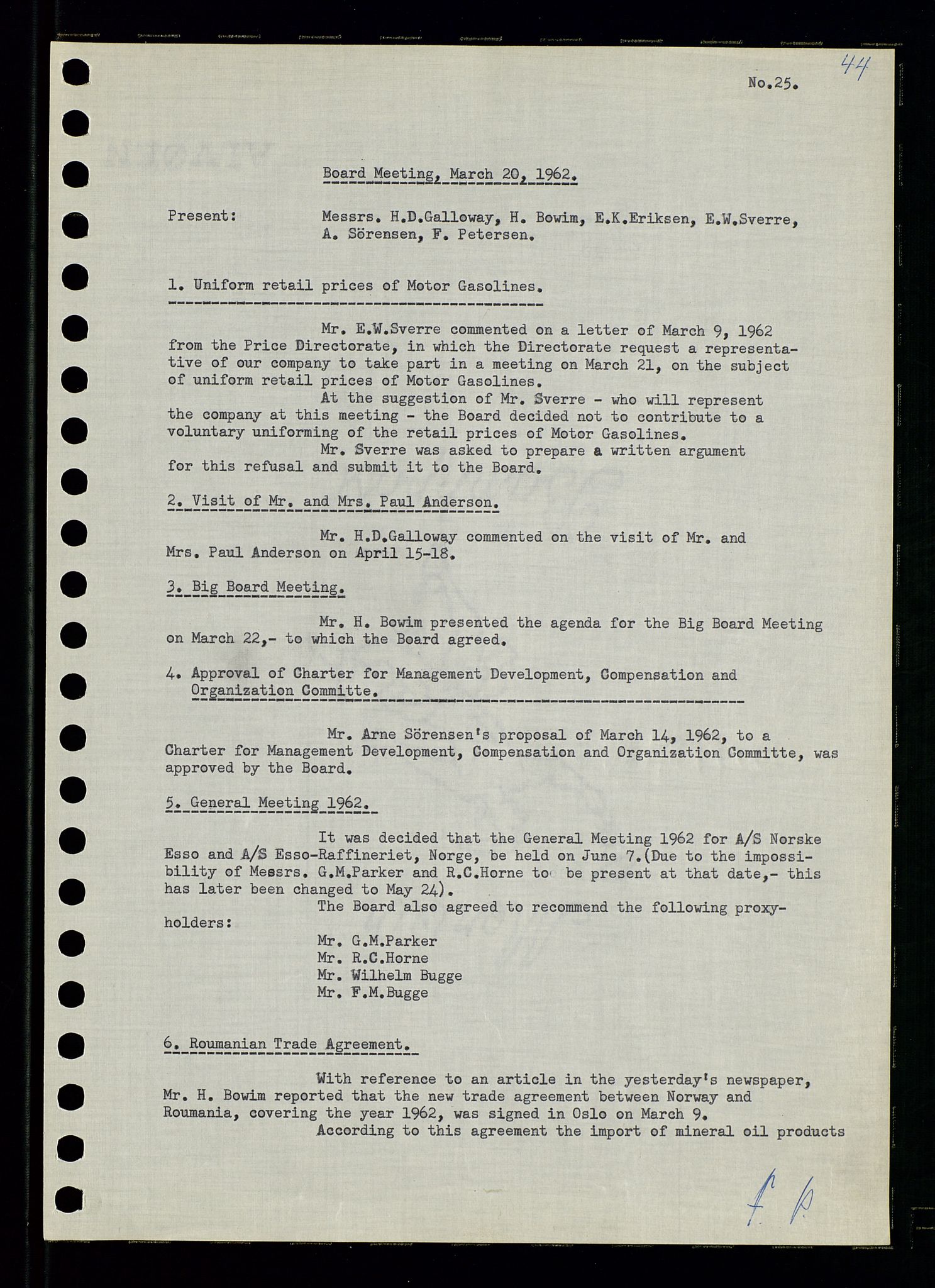 Pa 0982 - Esso Norge A/S, AV/SAST-A-100448/A/Aa/L0001/0003: Den administrerende direksjon Board minutes (styrereferater) / Den administrerende direksjon Board minutes (styrereferater), 1962, p. 44