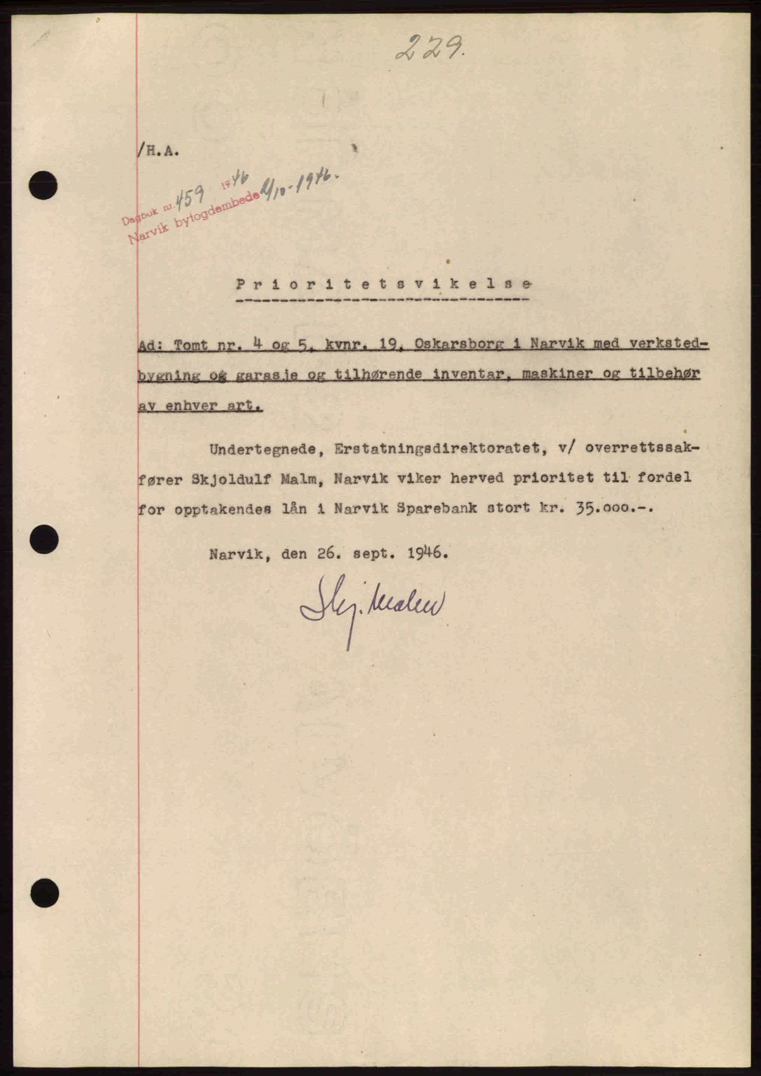 Narvik sorenskriveri, SAT/A-0002/1/2/2C/2Ca: Mortgage book no. A21, 1946-1947, Diary no: : 459/1946