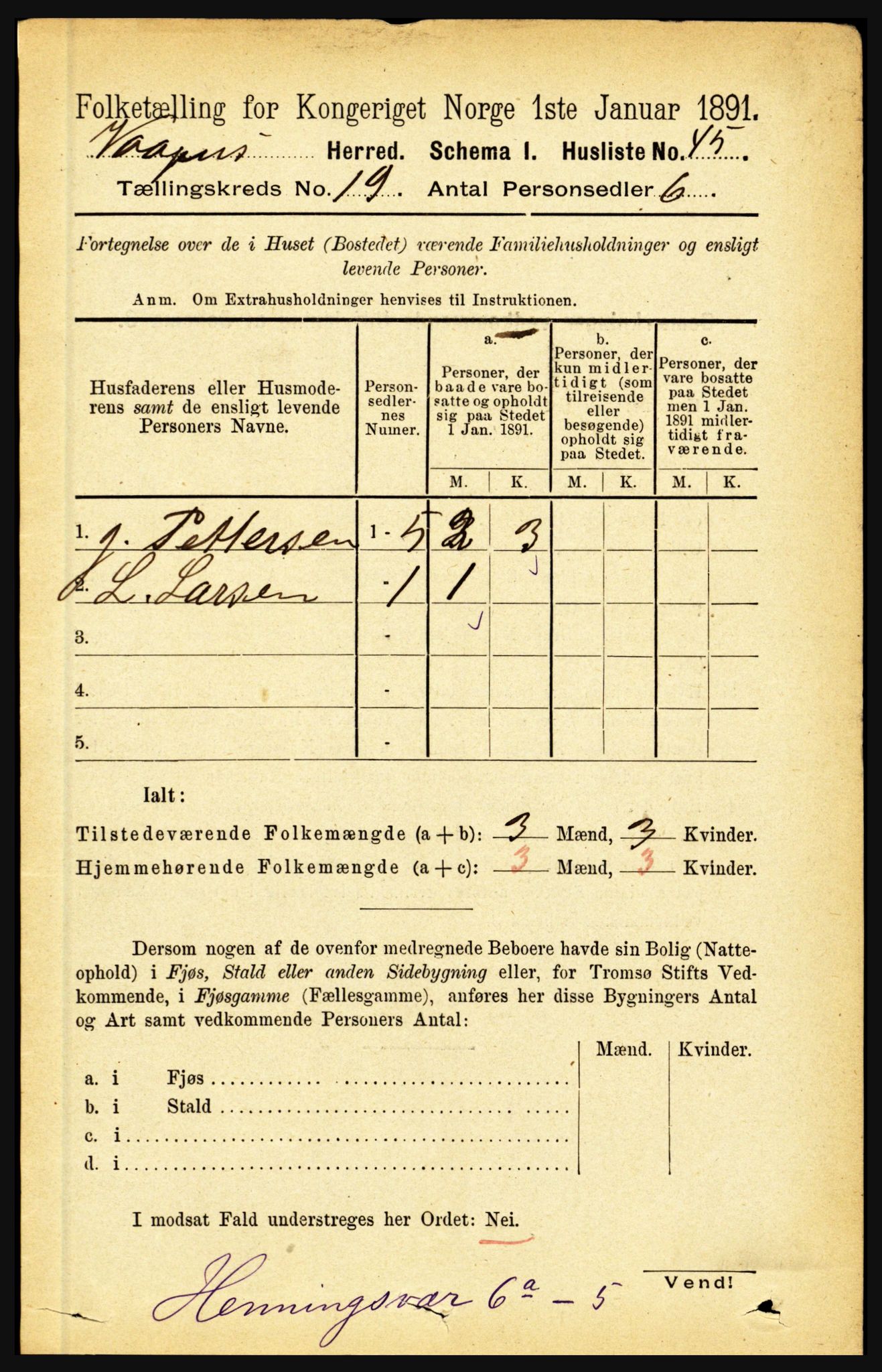 RA, 1891 census for 1865 Vågan, 1891, p. 5499