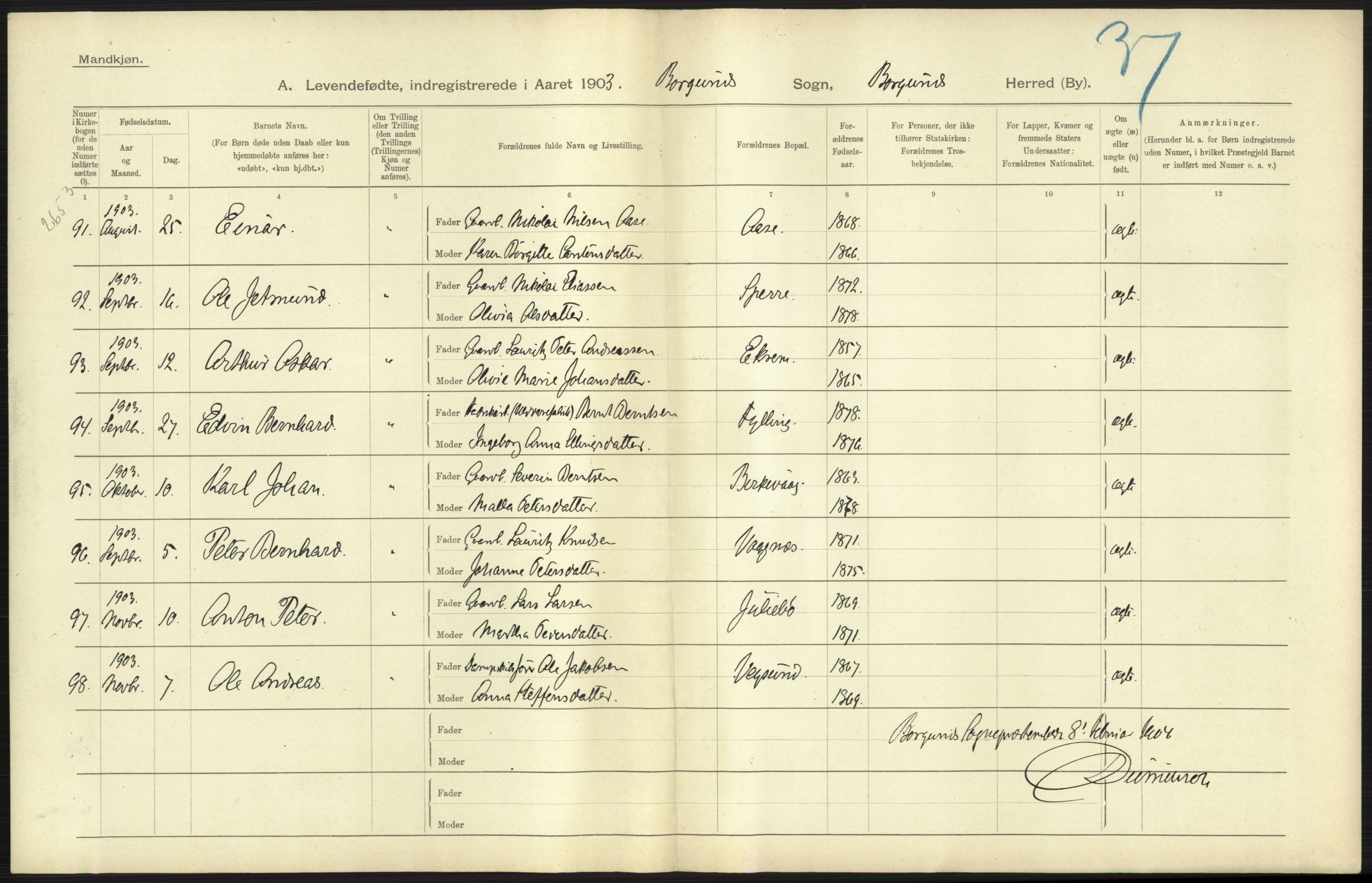 Statistisk sentralbyrå, Sosiodemografiske emner, Befolkning, AV/RA-S-2228/D/Df/Dfa/Dfaa/L0016: Romsdal amt: Fødte, gifte, døde., 1903, p. 7