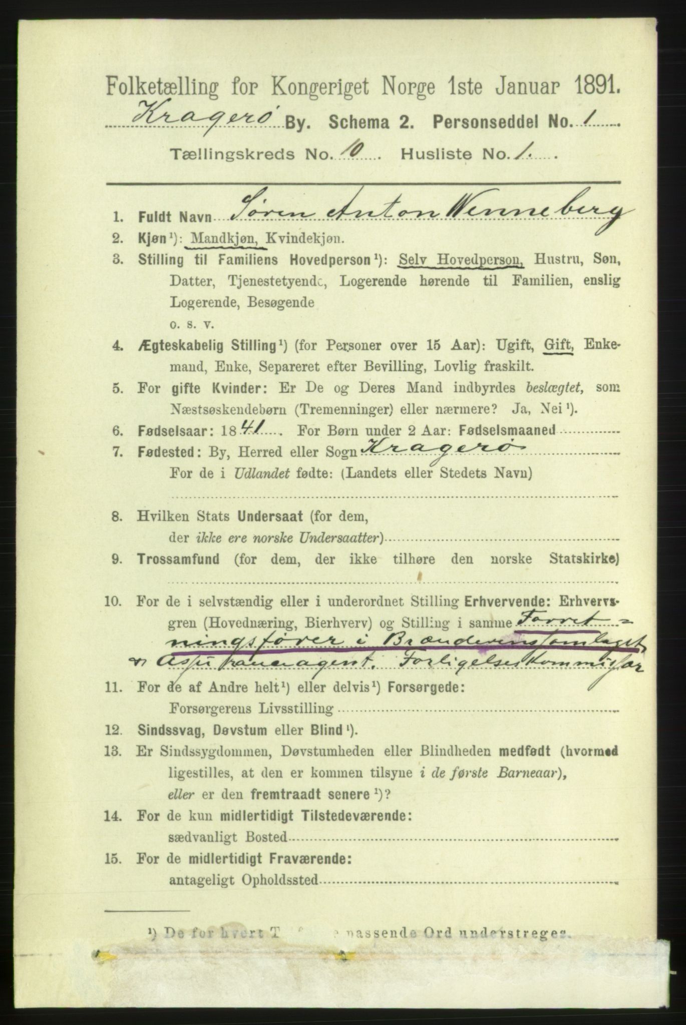 RA, 1891 census for 0801 Kragerø, 1891, p. 3751