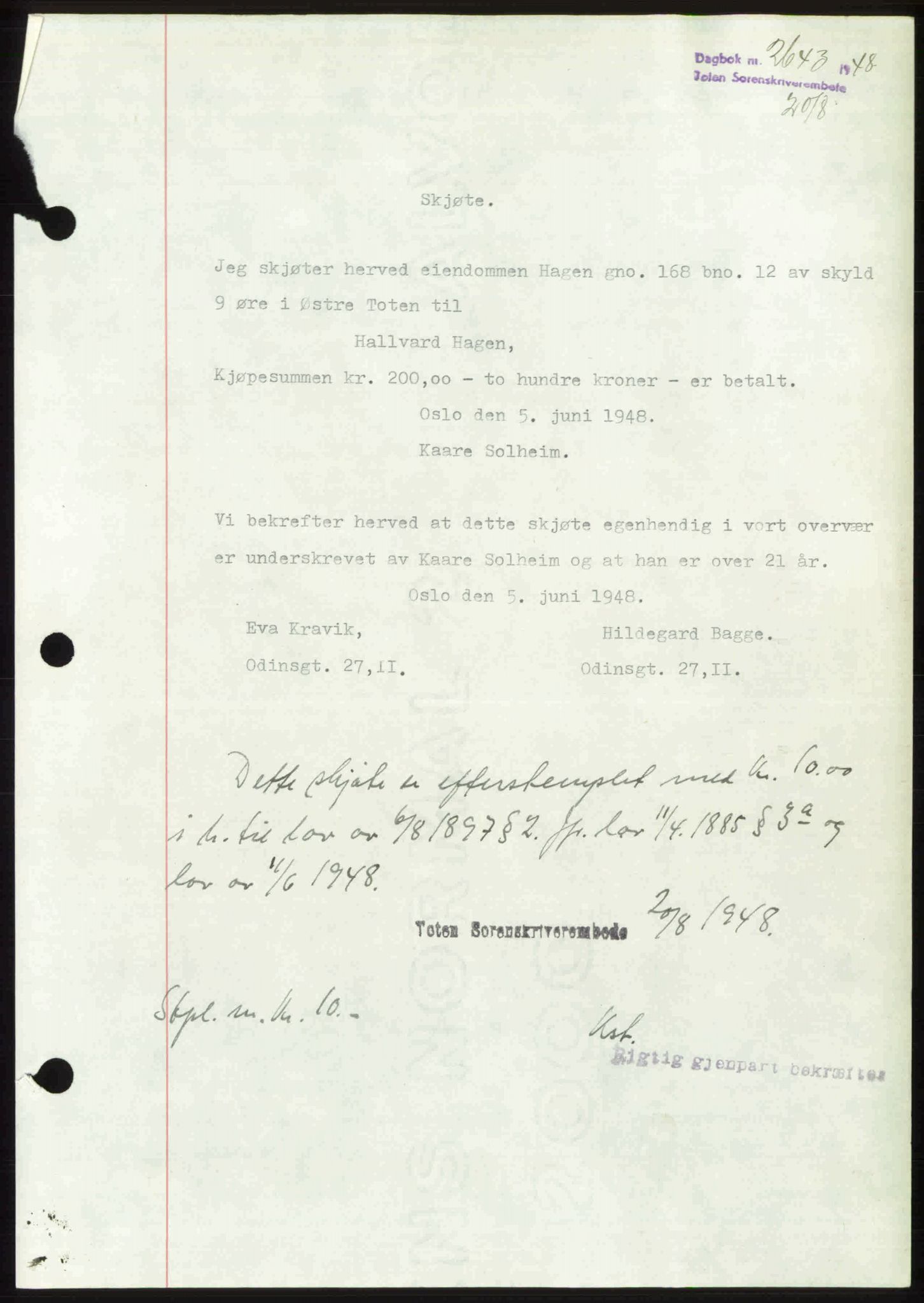 Toten tingrett, SAH/TING-006/H/Hb/Hbc/L0020: Mortgage book no. Hbc-20, 1948-1948, Diary no: : 2643/1948