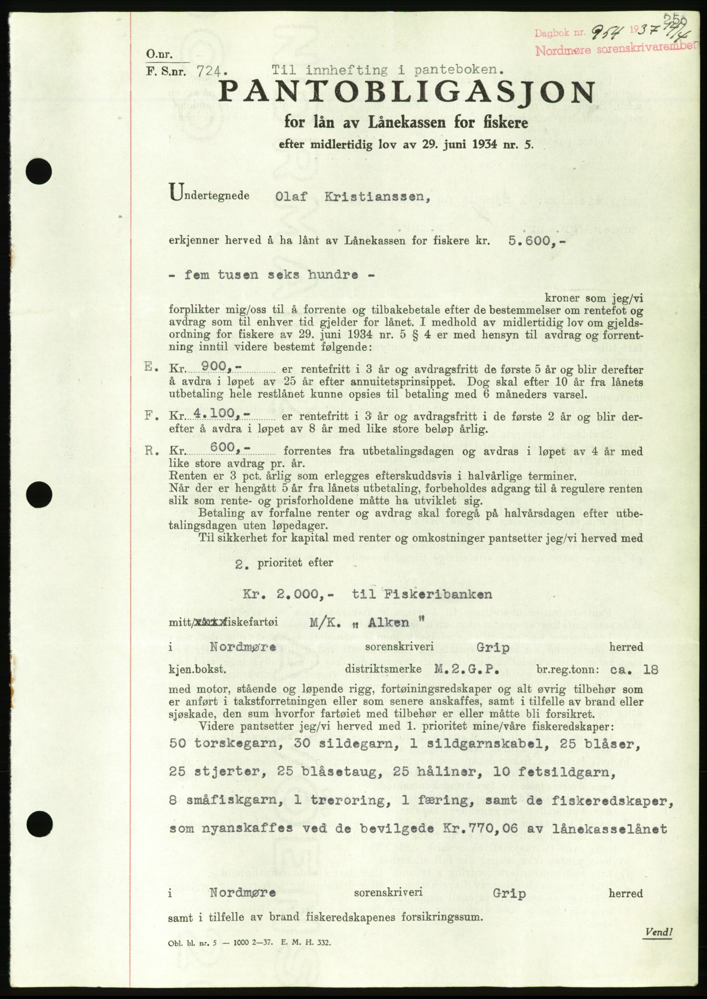 Nordmøre sorenskriveri, AV/SAT-A-4132/1/2/2Ca/L0091: Mortgage book no. B81, 1937-1937, Diary no: : 954/1937