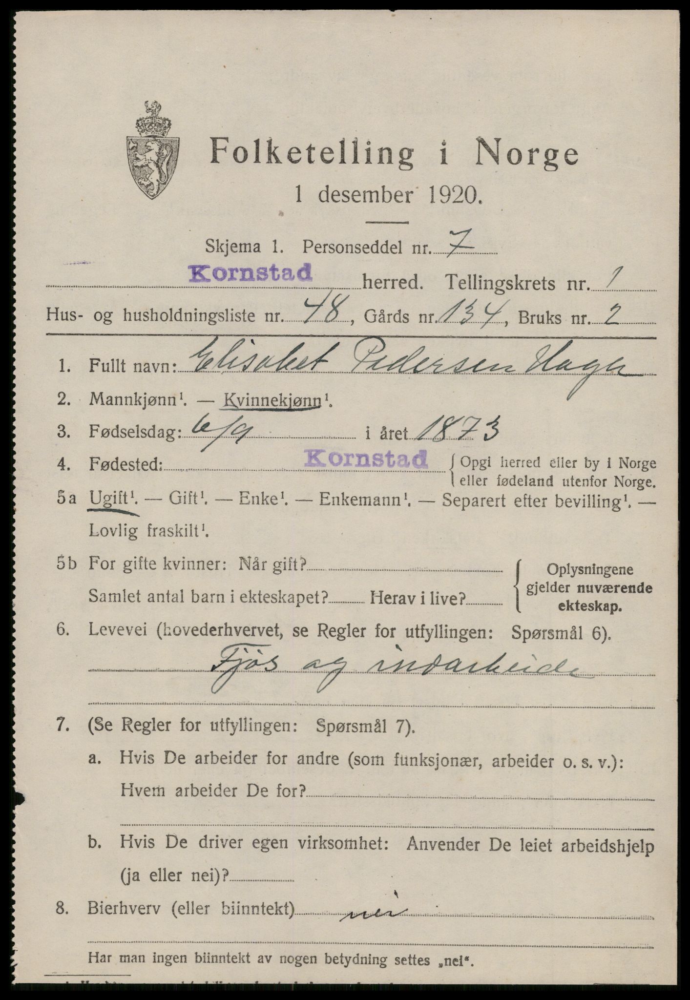 SAT, 1920 census for Kornstad, 1920, p. 1337