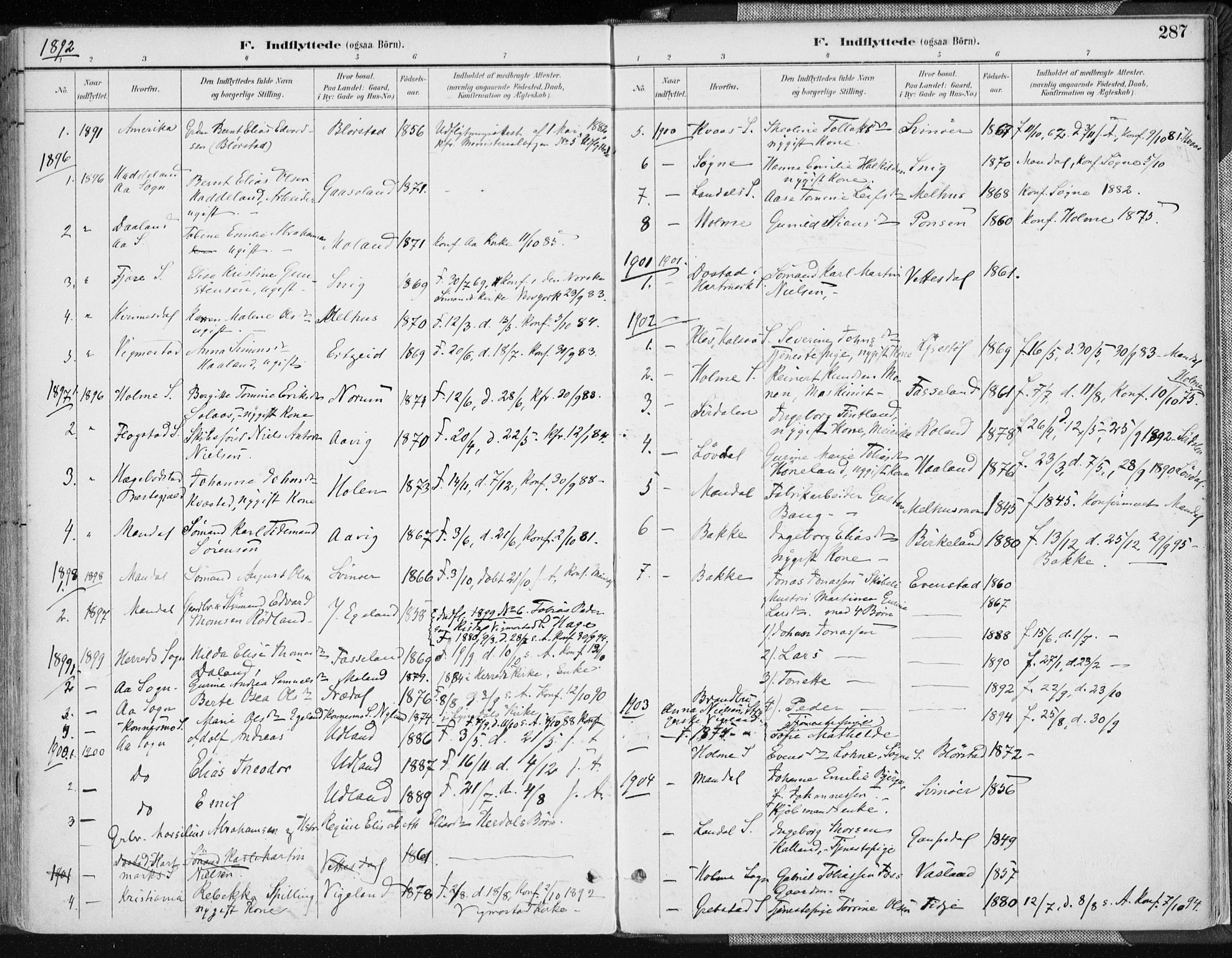 Sør-Audnedal sokneprestkontor, AV/SAK-1111-0039/F/Fa/Fab/L0010: Parish register (official) no. A 10, 1892-1913, p. 287