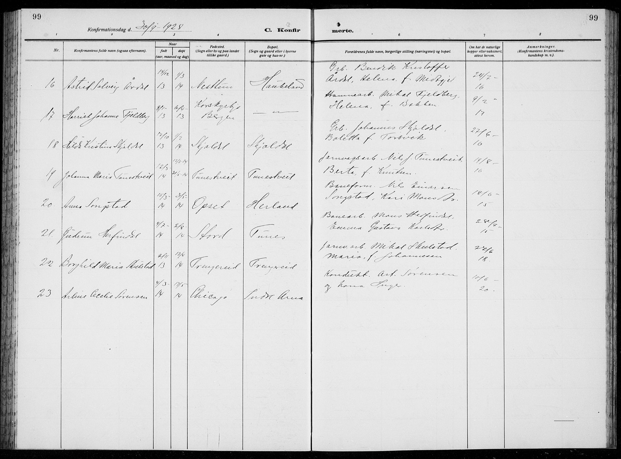 Arna sokneprestembete, AV/SAB-A-74001/H/Ha/Hab: Parish register (copy) no. A  6, 1922-1936, p. 99