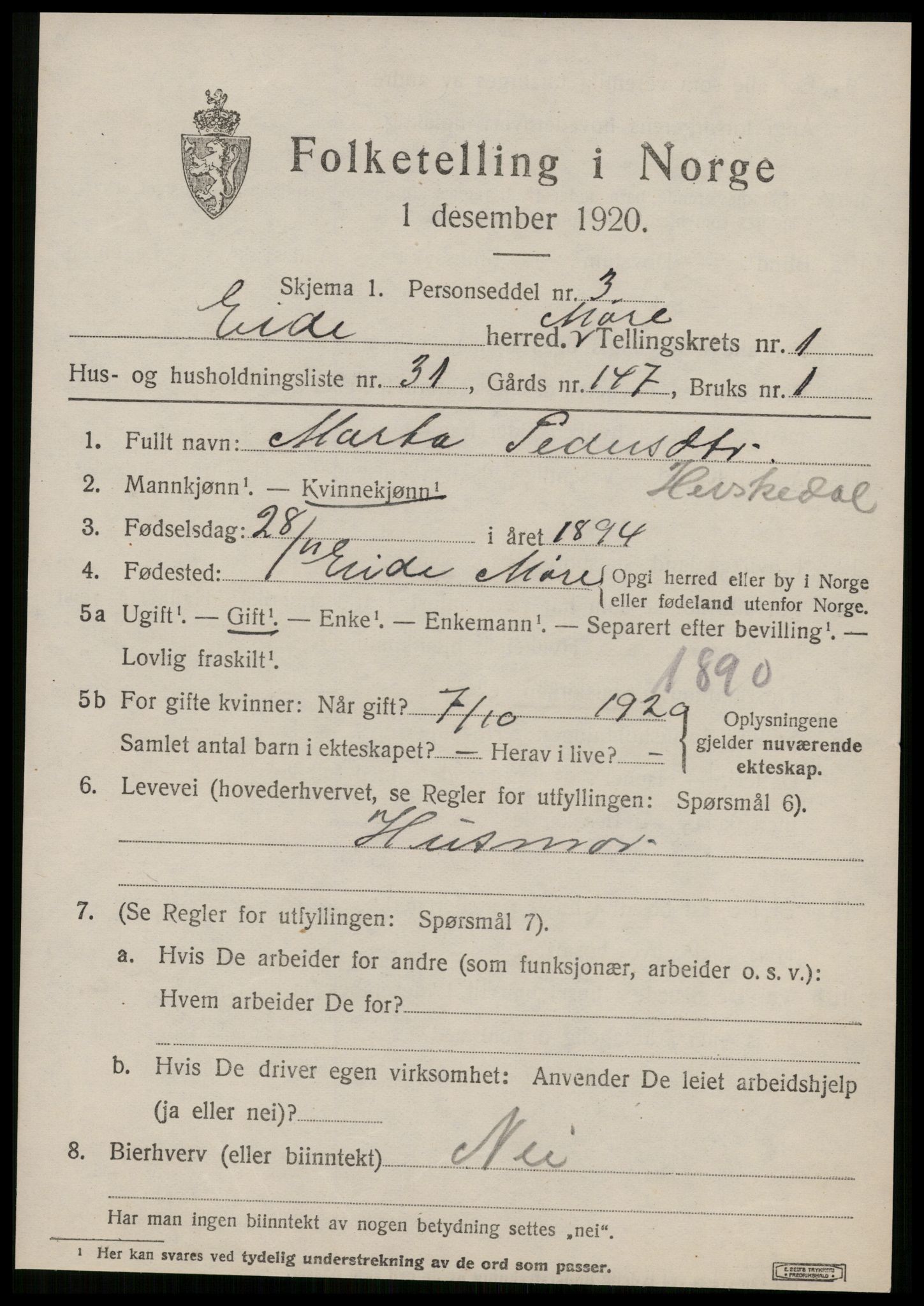 SAT, 1920 census for Eid (MR), 1920, p. 992