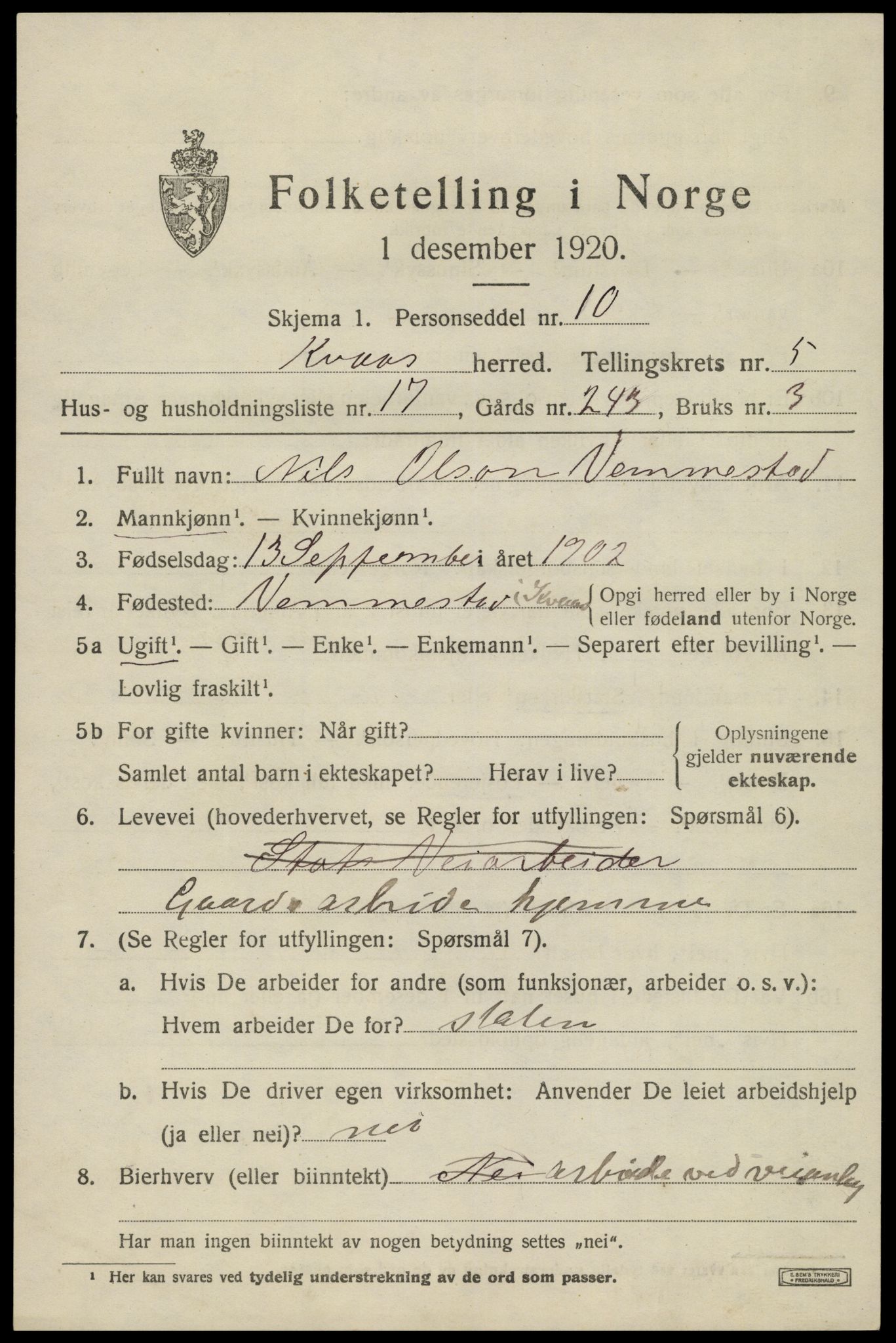 SAK, 1920 census for Kvås, 1920, p. 1490