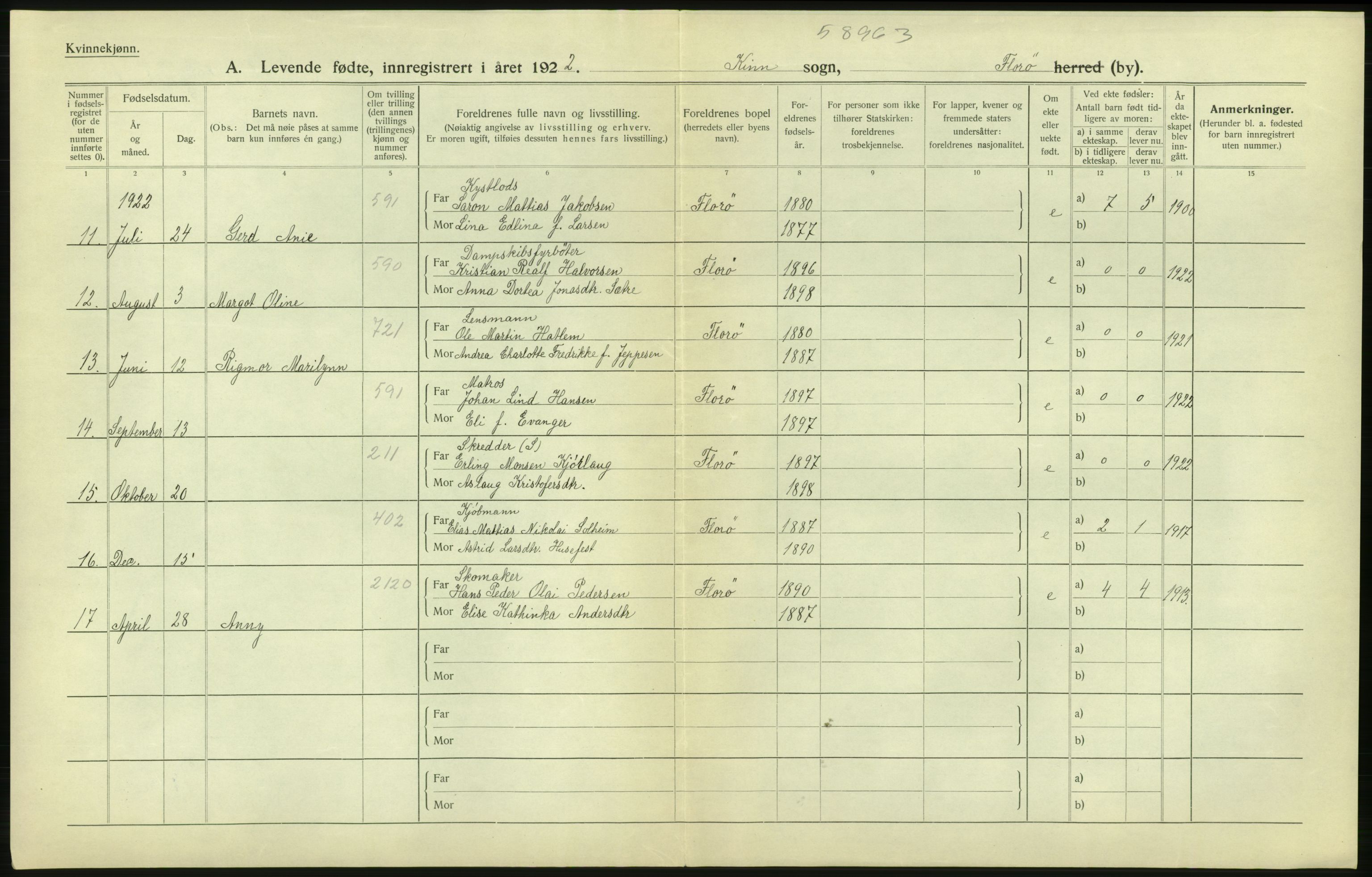 Statistisk sentralbyrå, Sosiodemografiske emner, Befolkning, AV/RA-S-2228/D/Df/Dfc/Dfcb/L0033: Florø by: Levendefødte menn og kvinner, gifte, døde., 1922, p. 8