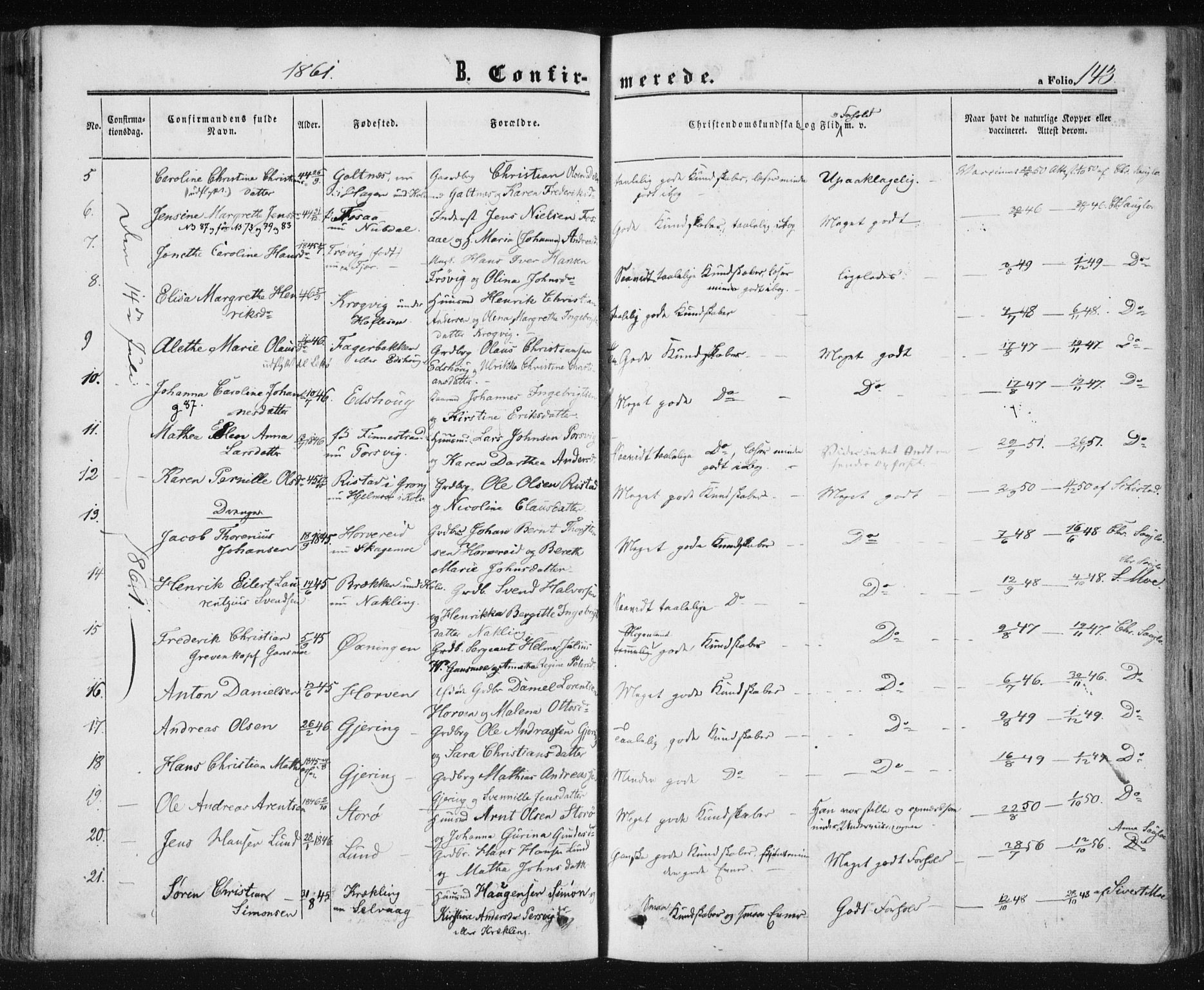 Ministerialprotokoller, klokkerbøker og fødselsregistre - Nord-Trøndelag, SAT/A-1458/780/L0641: Parish register (official) no. 780A06, 1857-1874, p. 143