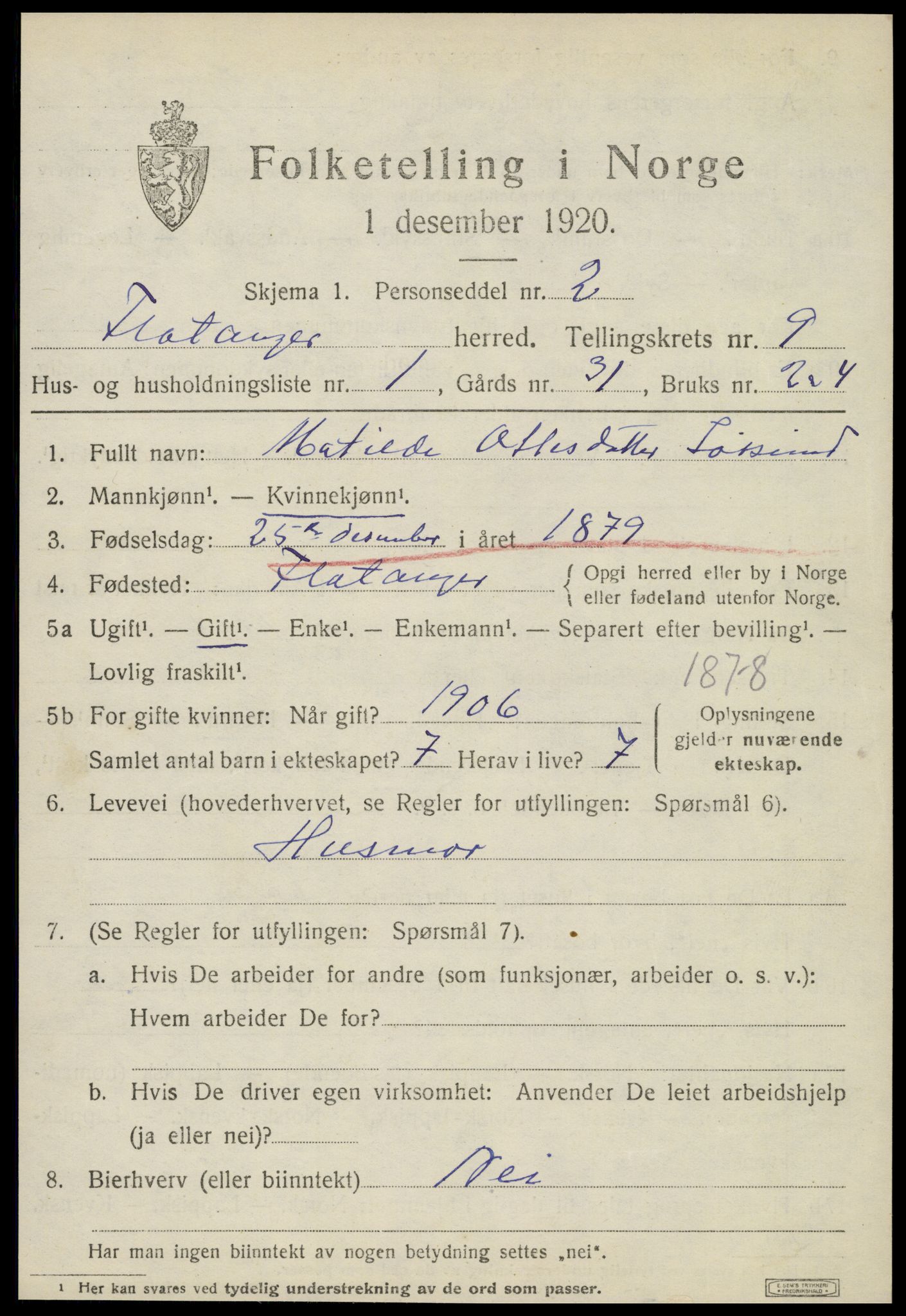 SAT, 1920 census for Flatanger, 1920, p. 4150