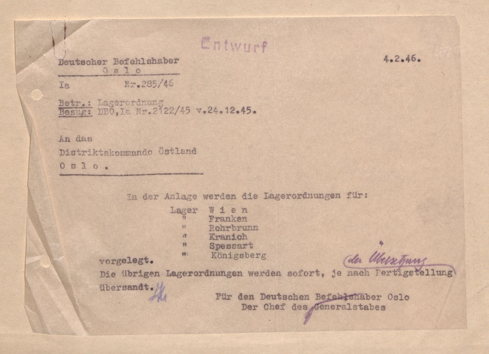 Deutscher Oberbefehlshaber Norwegen (DOBN), AV/RA-RAFA-2197/D/Dja/L0070/0001: DBO Abt. 1a / Lagerordnungen, 1946