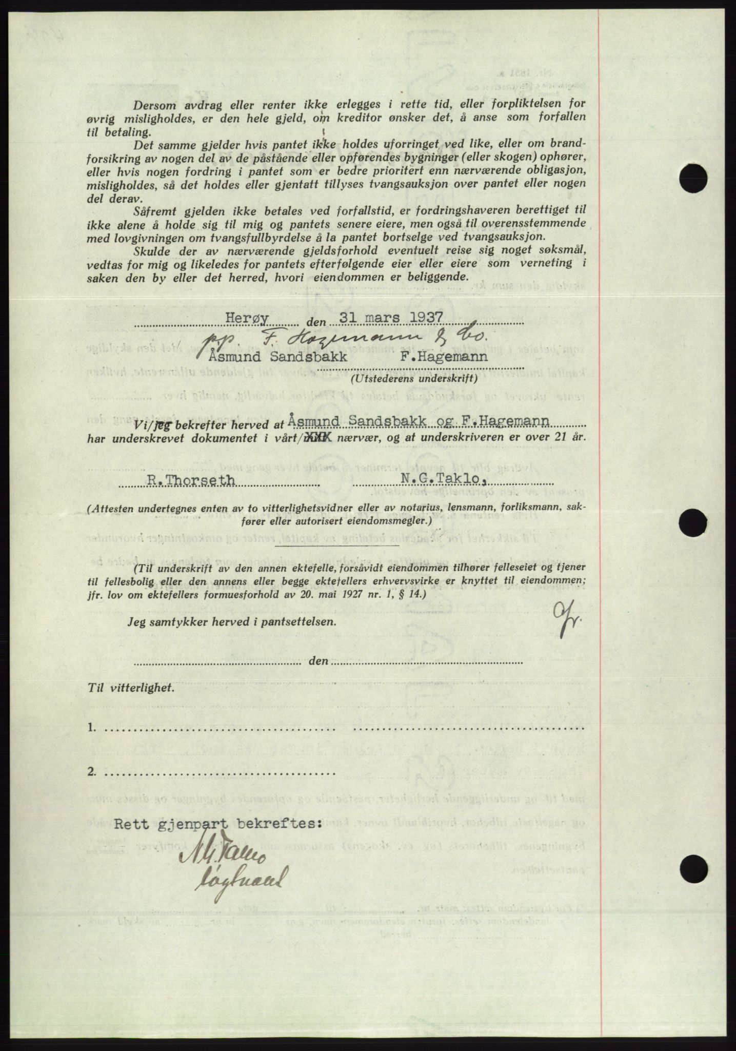 Søre Sunnmøre sorenskriveri, AV/SAT-A-4122/1/2/2C/L0063: Mortgage book no. 57, 1937-1937, Diary no: : 1075/1937