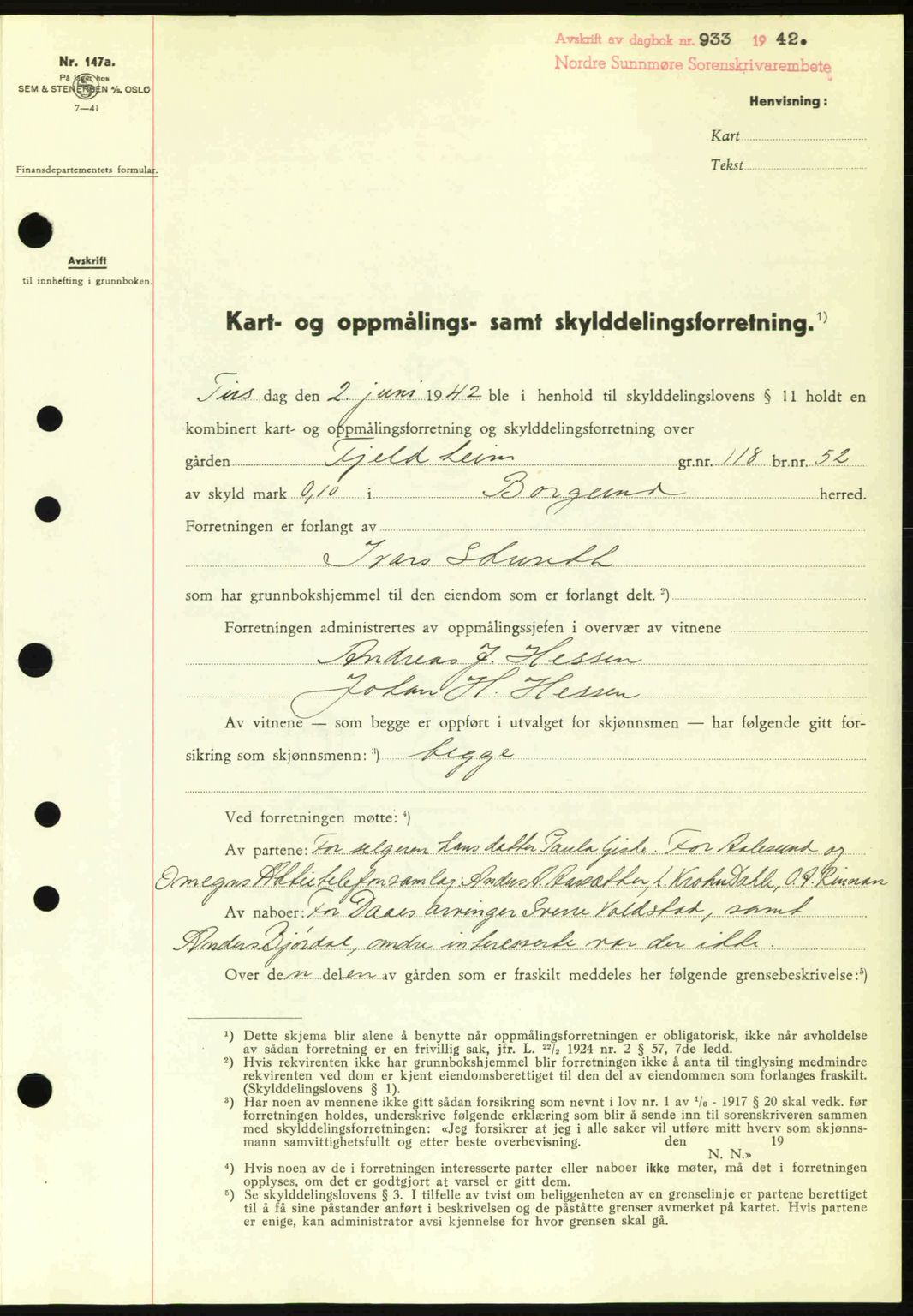 Nordre Sunnmøre sorenskriveri, AV/SAT-A-0006/1/2/2C/2Ca: Mortgage book no. A13, 1942-1942, Diary no: : 933/1942